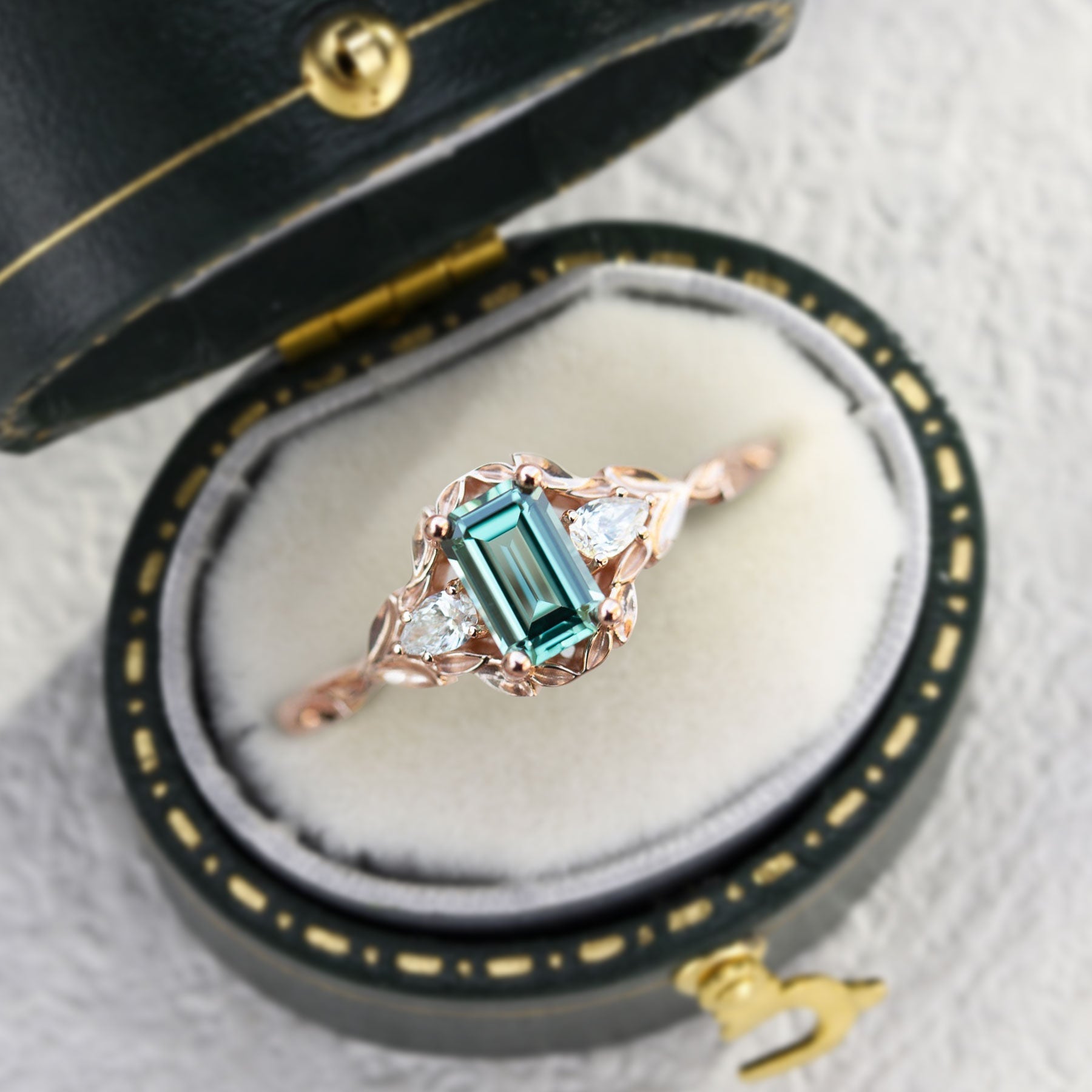 Unique Briar Rose Three Stone Emerald cut Green Lab Sapphire 18K Rose Gold Ring