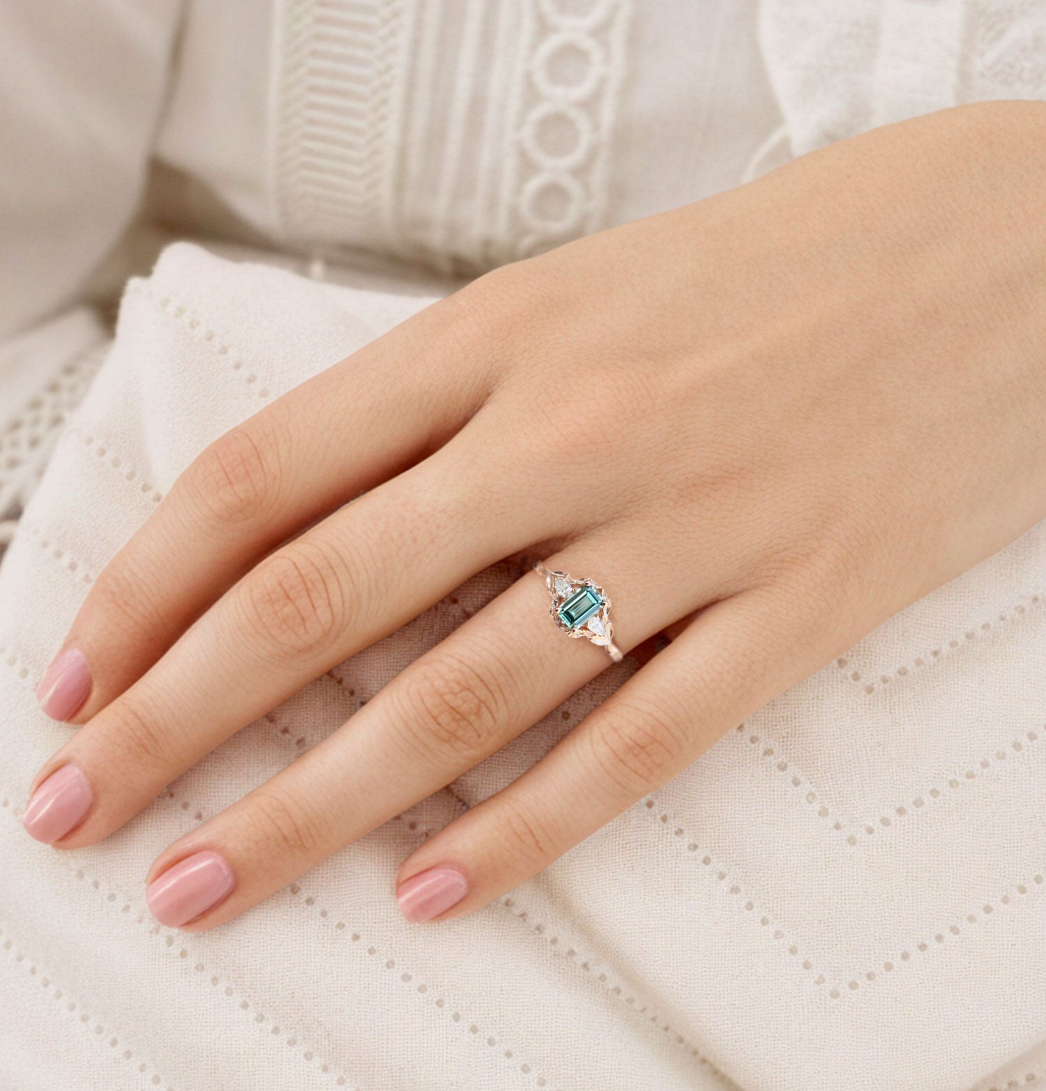 Unique Briar Rose Three Stone Emerald cut Green Lab Sapphire 18K Rose Gold Ring