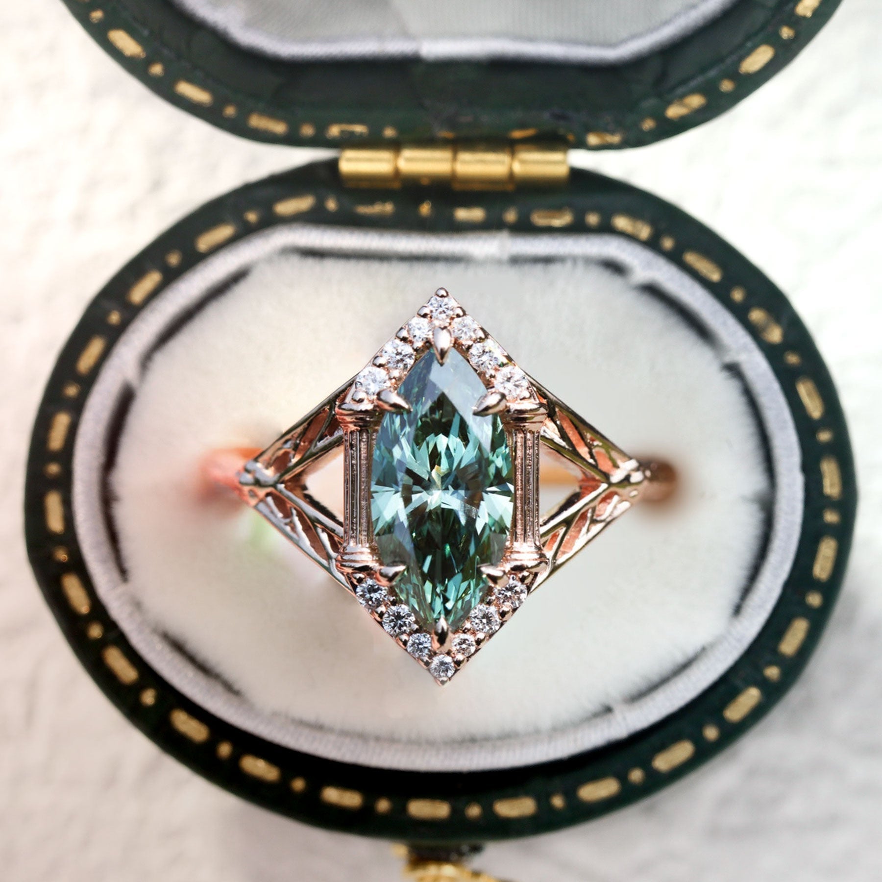 Unique Marquise Green Lab Sapphire Engagement Ring - Oore Jewelry