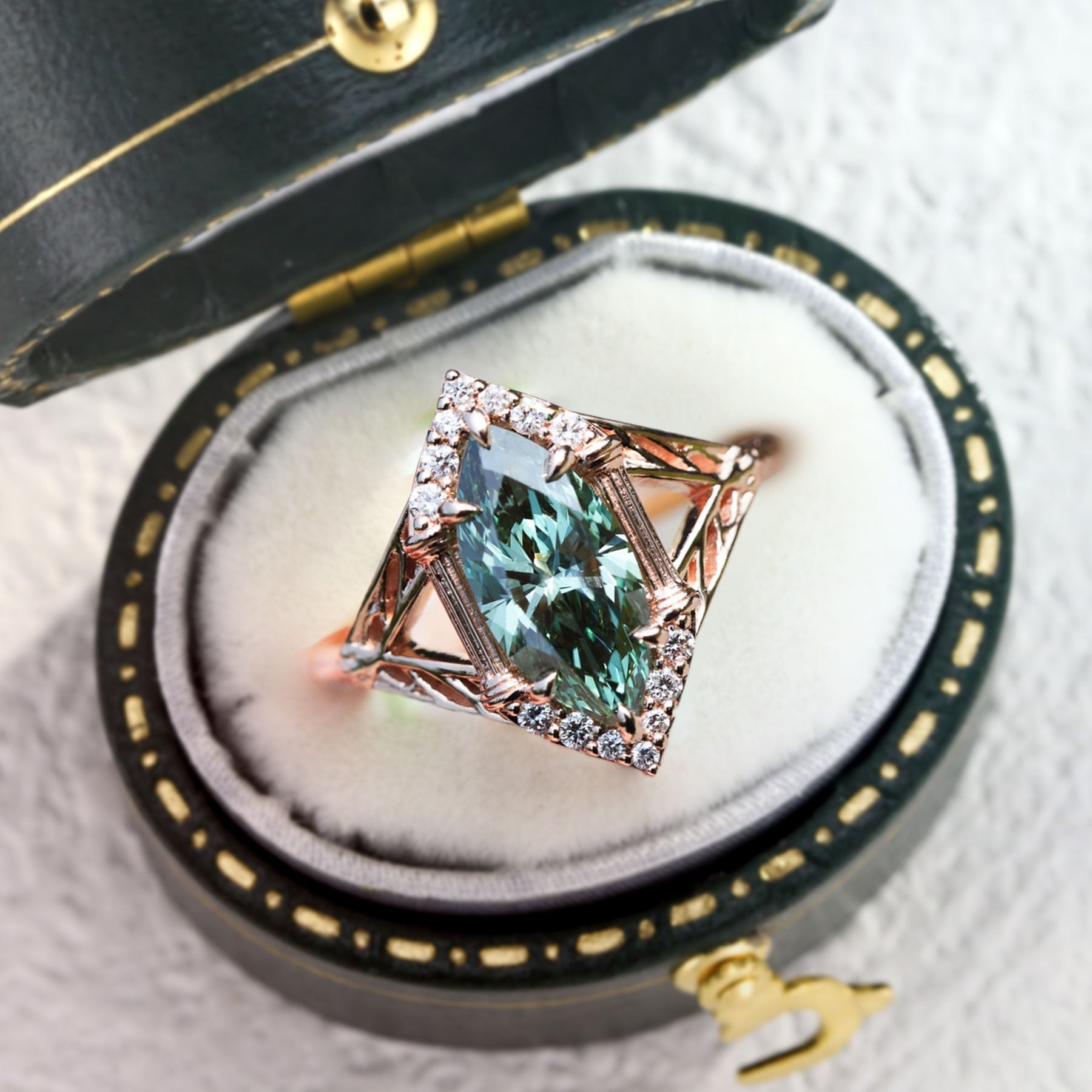 Unique Marquise Green Lab Sapphire Engagement Ring - Oore Jewelry