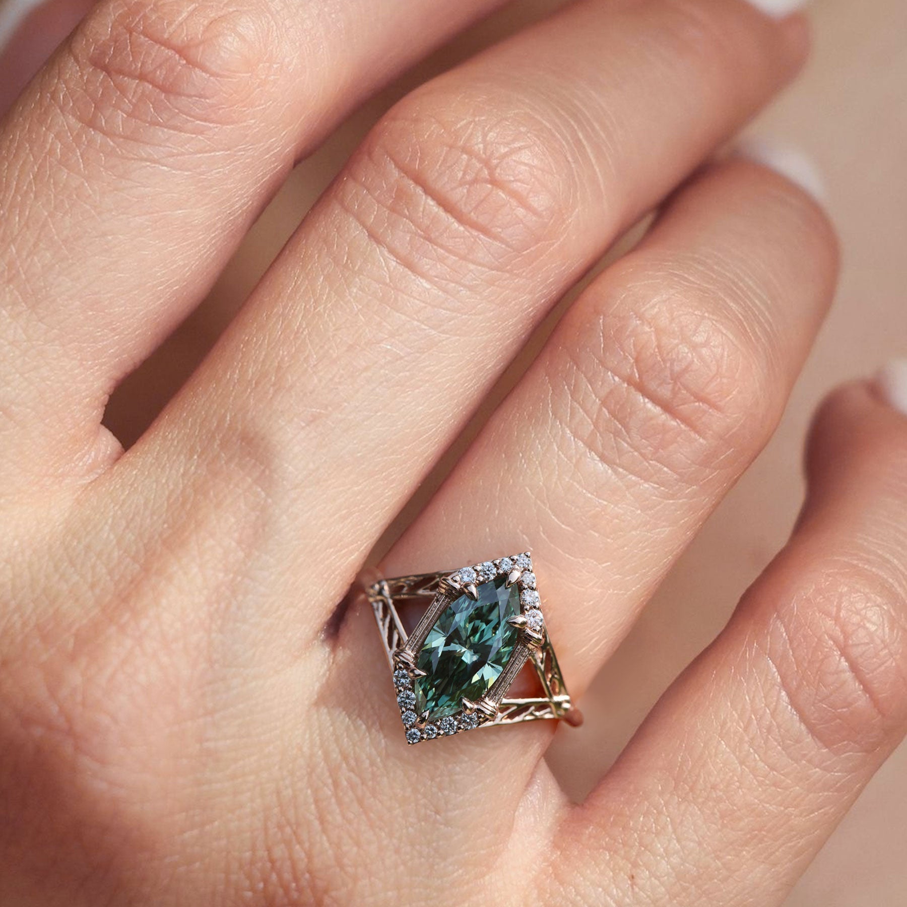 Unique Marquise Green Lab Sapphire Engagement Ring - Oore Jewelry