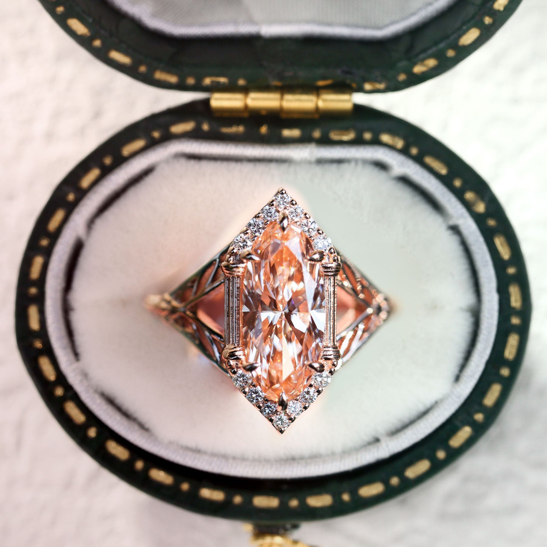 Unique Marquise Lab Padparadscha Engagement Ring - Oore Jewelry