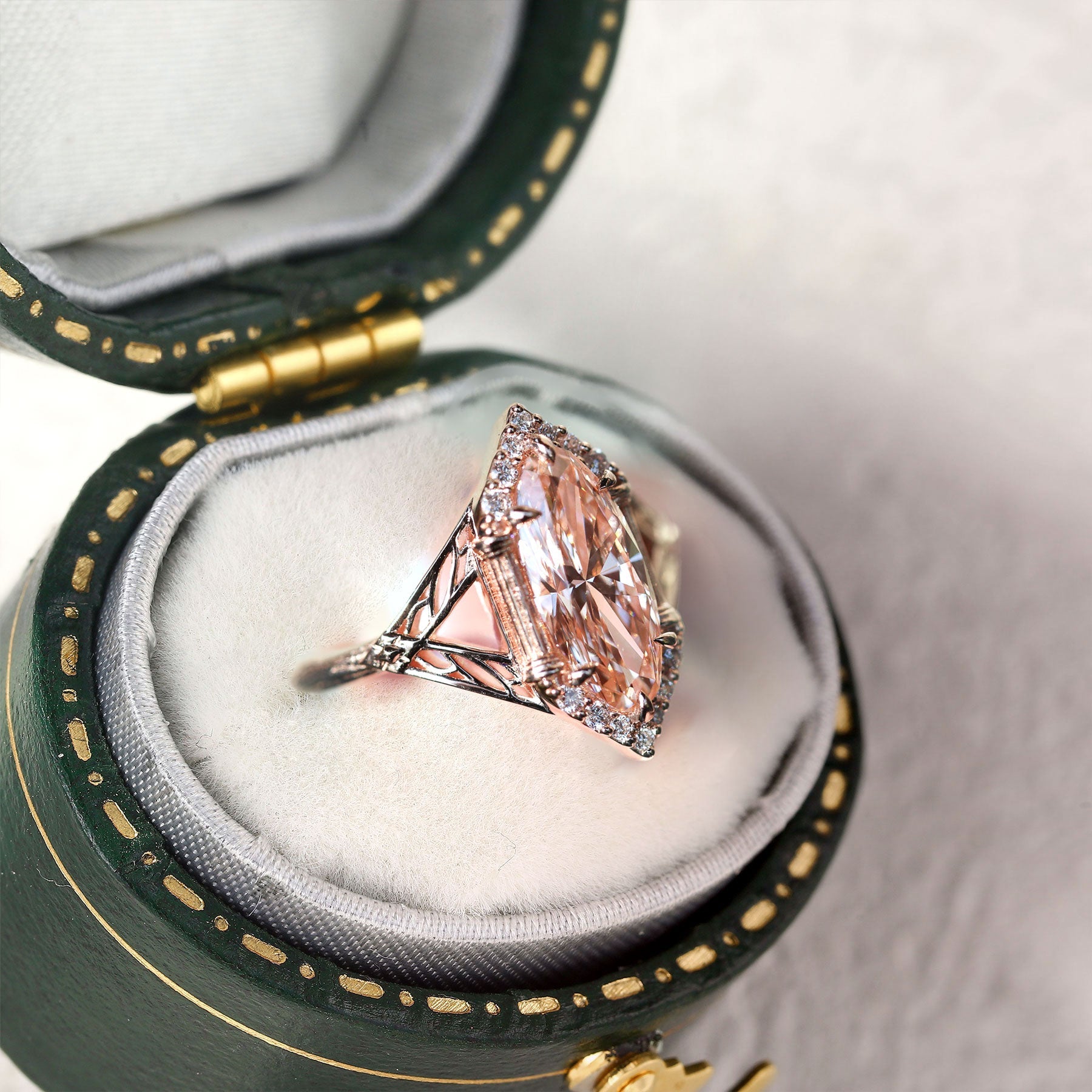 Unique Marquise Lab Padparadscha Engagement Ring - Oore Jewelry