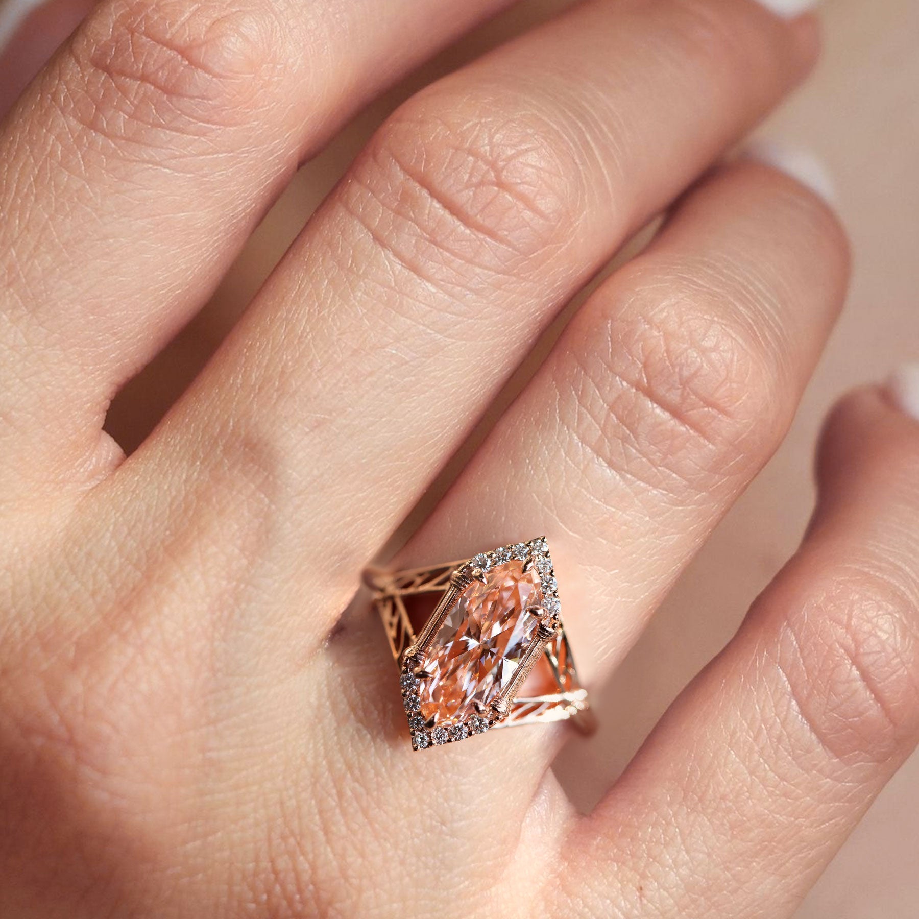 Unique Marquise Lab Padparadscha Engagement Ring - Oore Jewelry