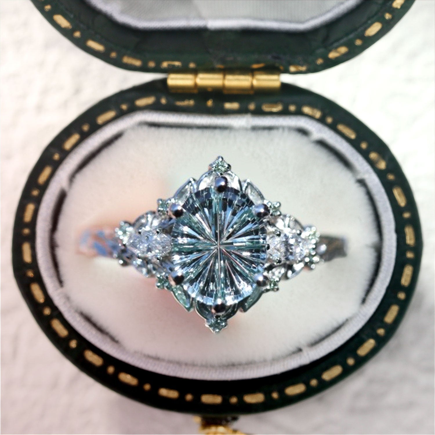 Vintage Briar Rose Starlight Oval Ice Blue Lab Sapphire 14k white gold Ring