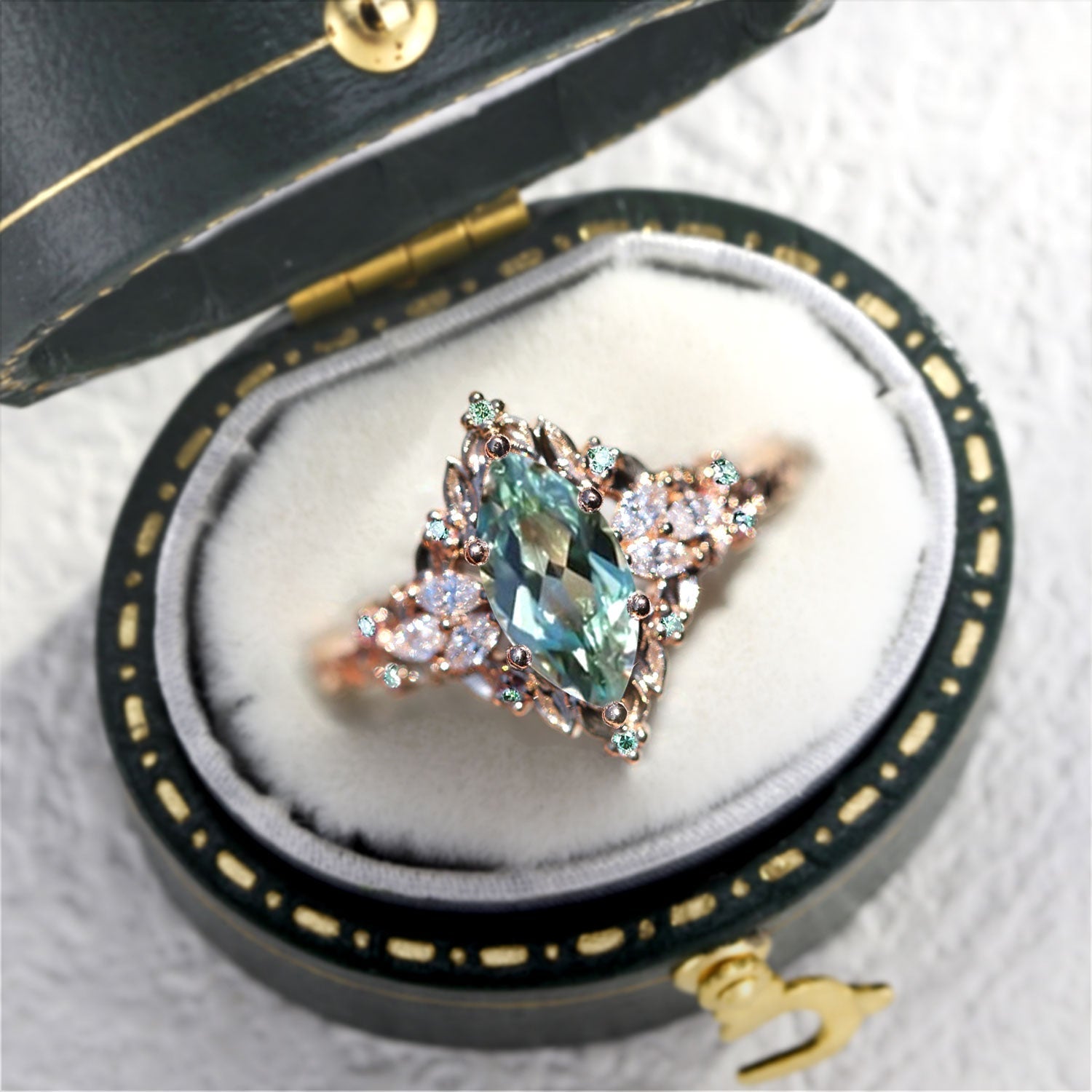 Unique floral engagement rings Briar Rose Starlight Marquise Green Lab Sapphire 18K Yellow Gold Ring