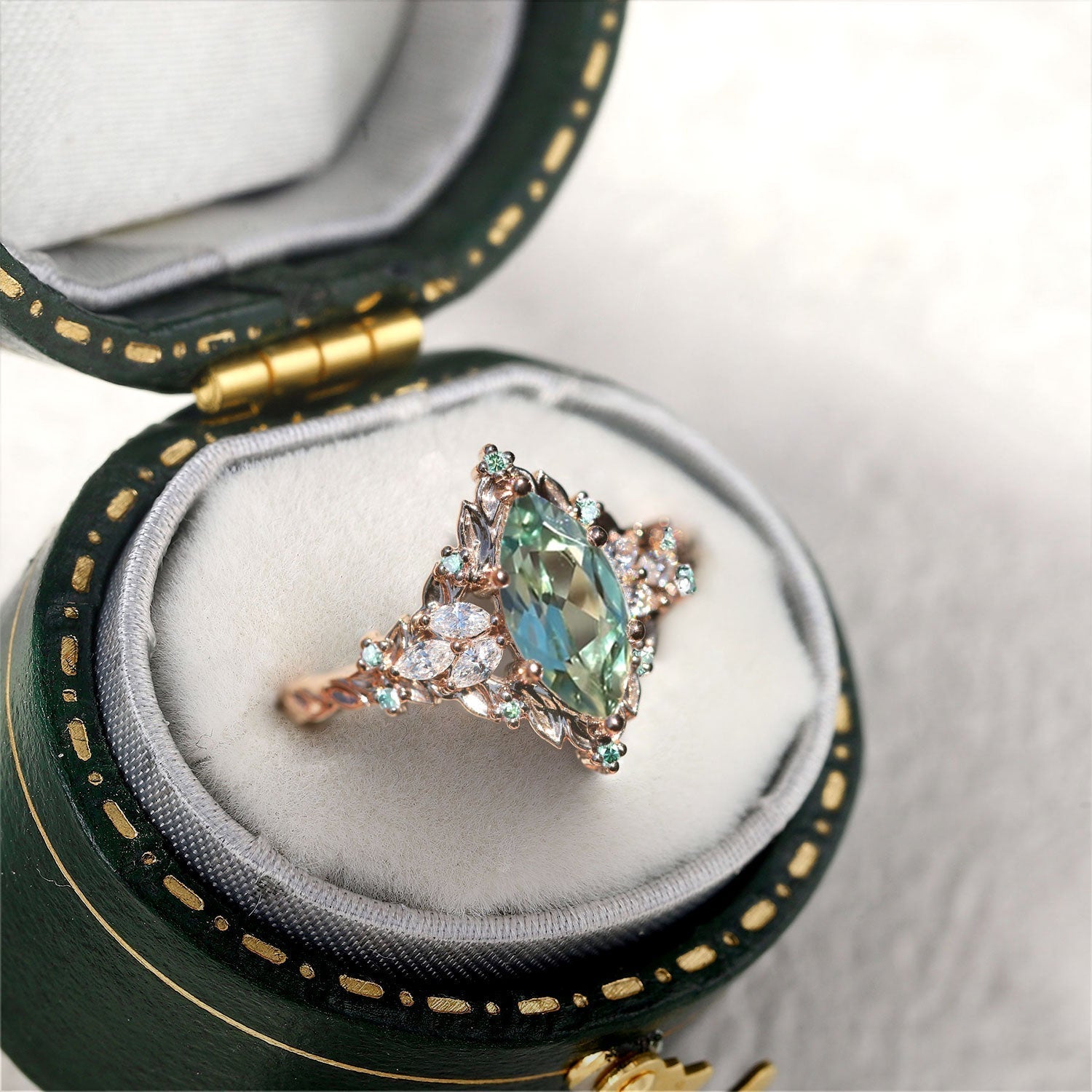 Unique floral engagement rings Briar Rose Starlight Marquise Green Lab Sapphire 18K Yellow Gold Ring
