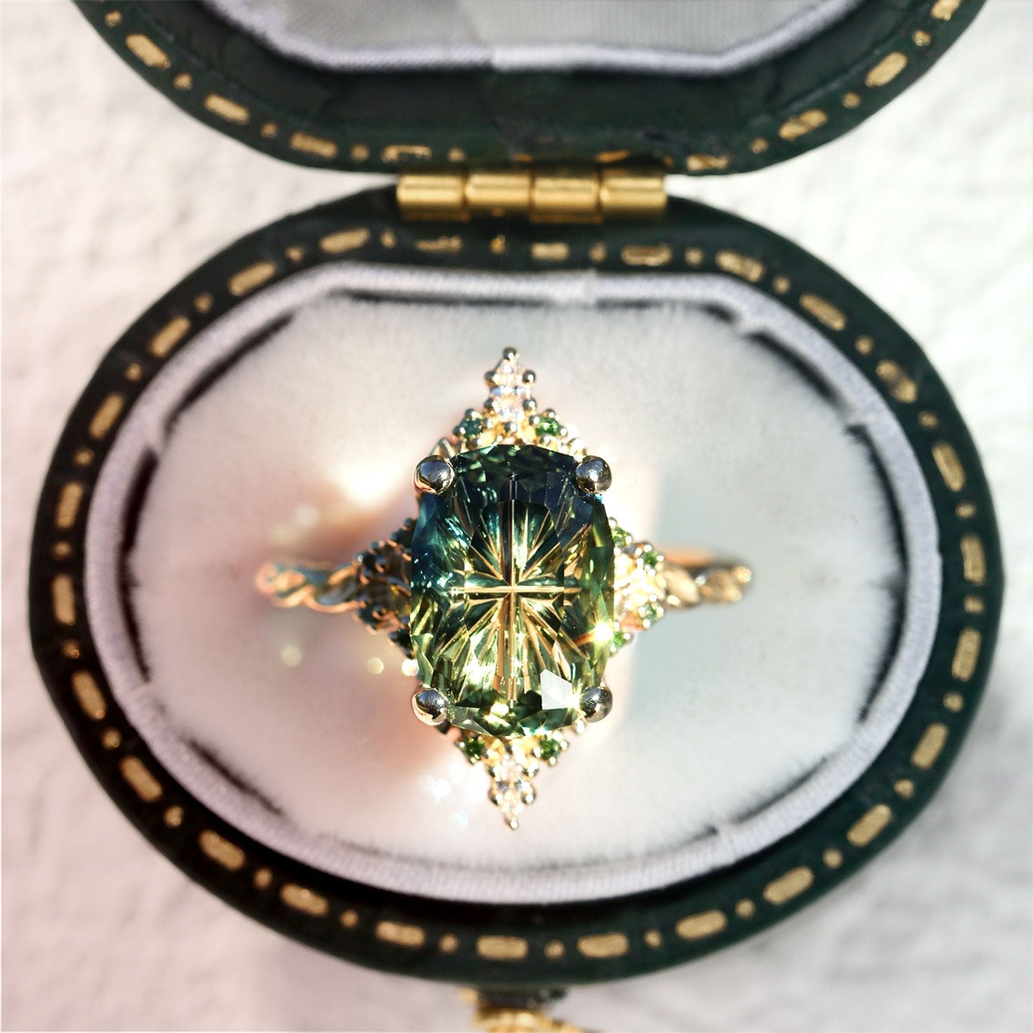 Vintage Enchanted Starlight Oval Green Lab Sapphire 14k yellow gold Engagement Ring