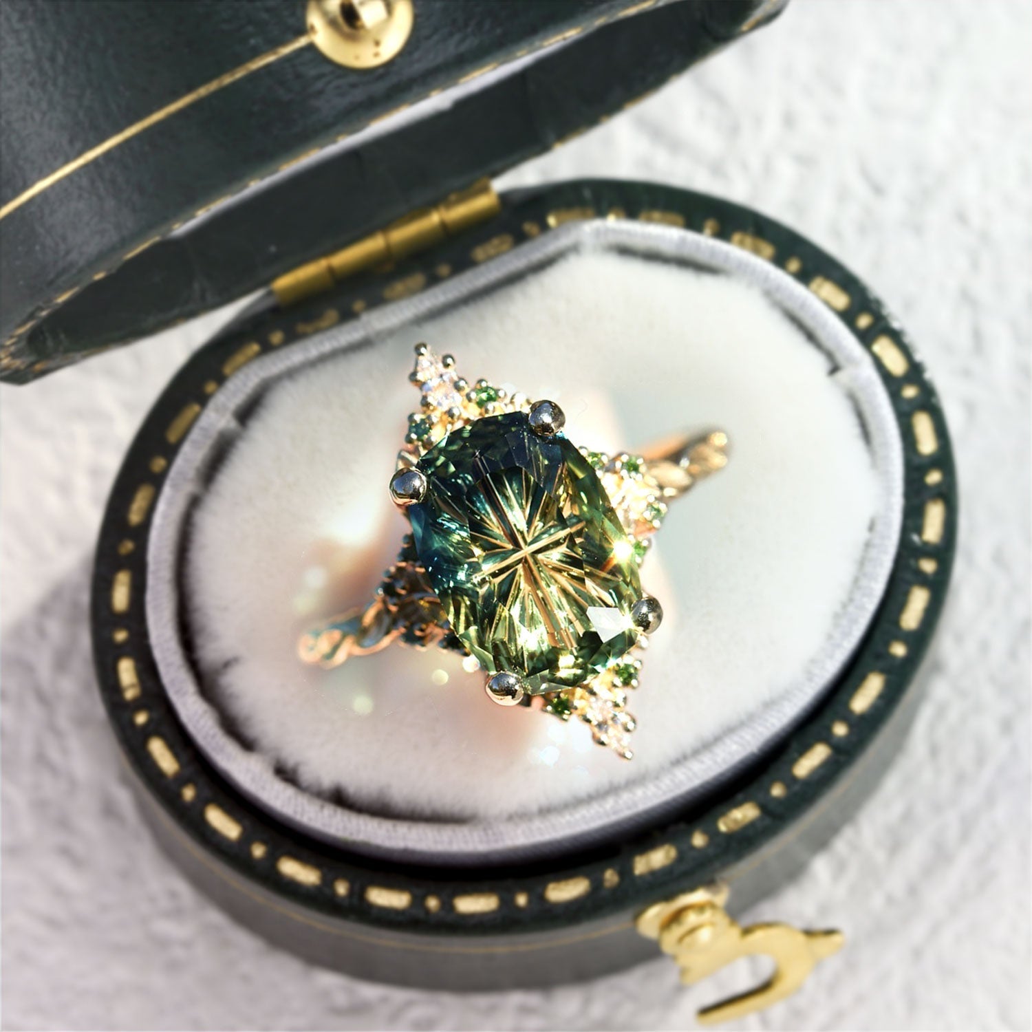 Vintage Enchanted Starlight Oval Green Lab Sapphire 14k yellow gold Engagement Ring