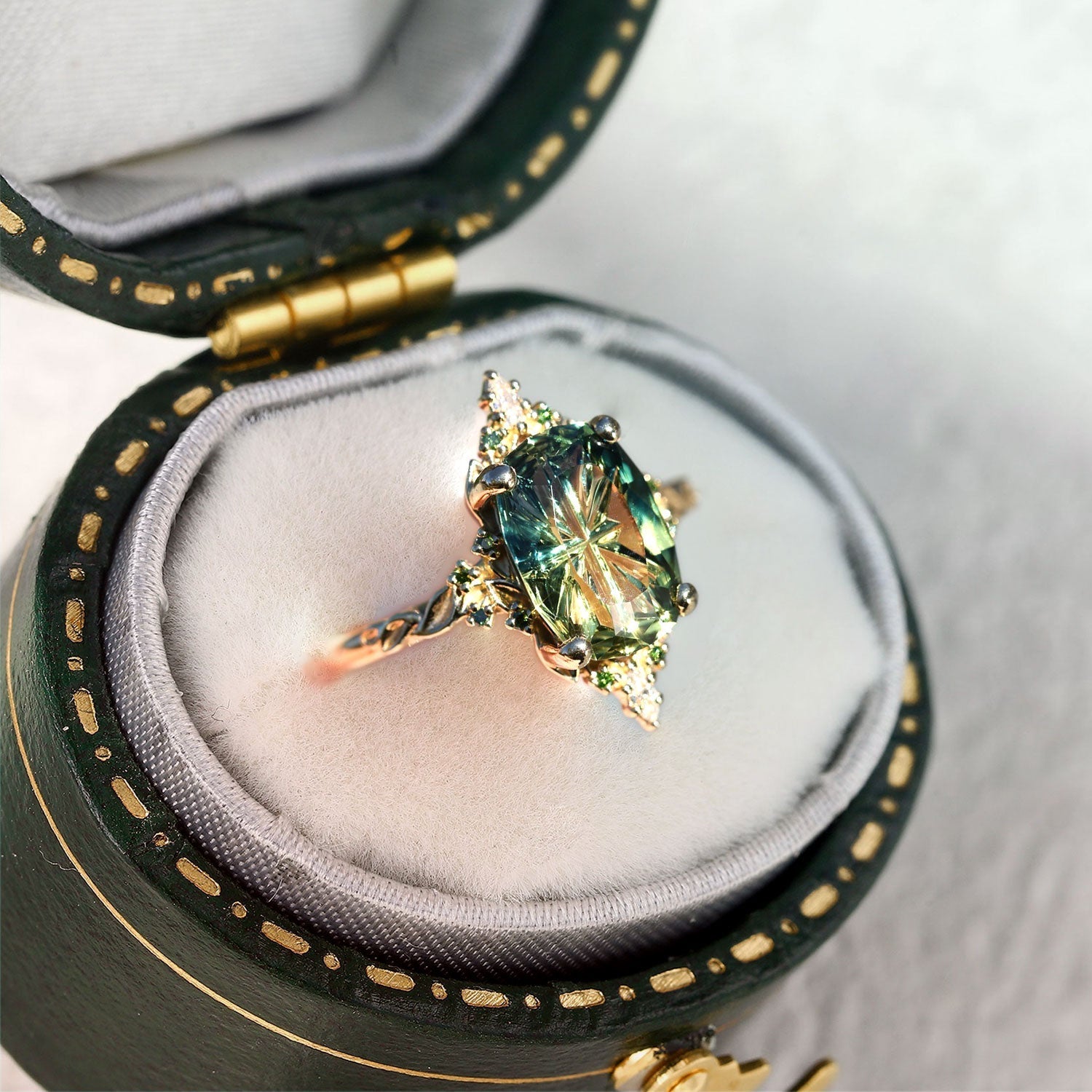 Vintage Enchanted Starlight Oval Green Lab Sapphire 14k yellow gold Engagement Ring