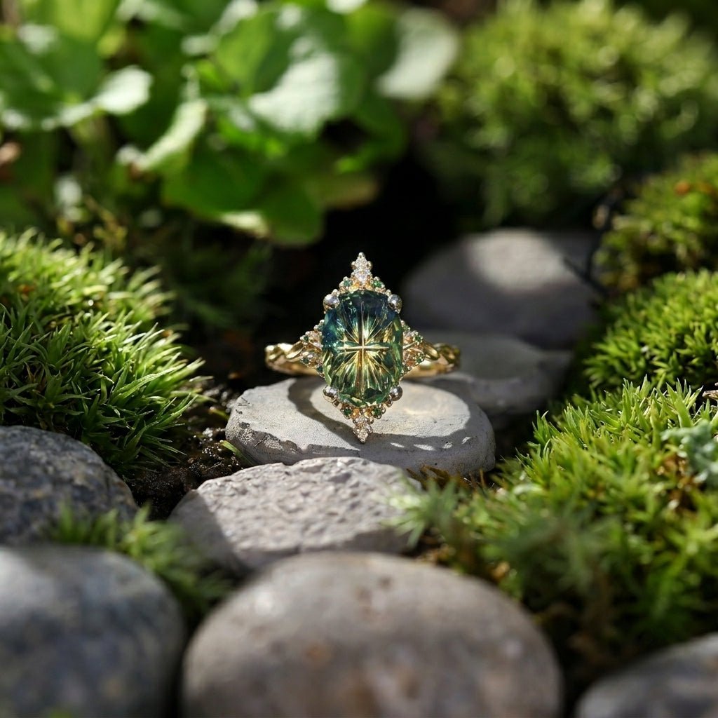 Vintage Enchanted Starlight Oval Green Lab Sapphire 14k yellow gold Engagement Ring