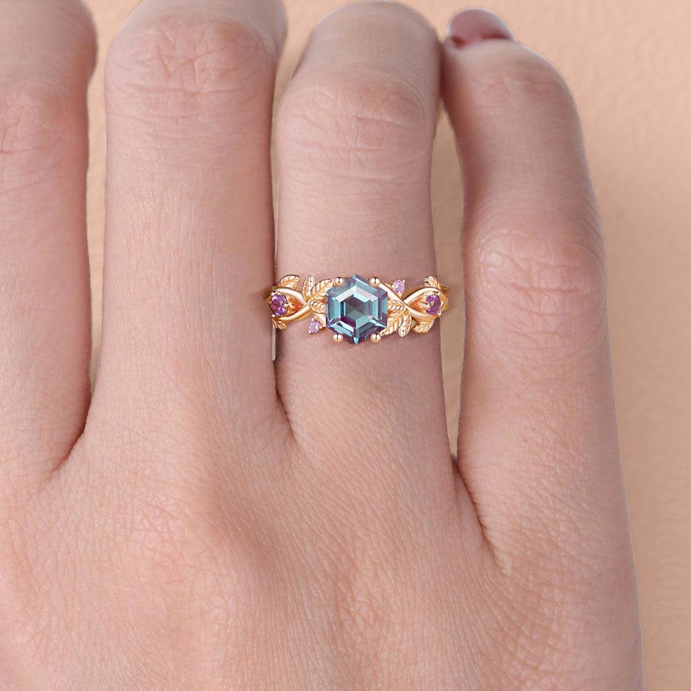 Unique floral engagement rings Hexagon Lab Alexandrite Leafy 18K Yellow Gold Engagement Ring