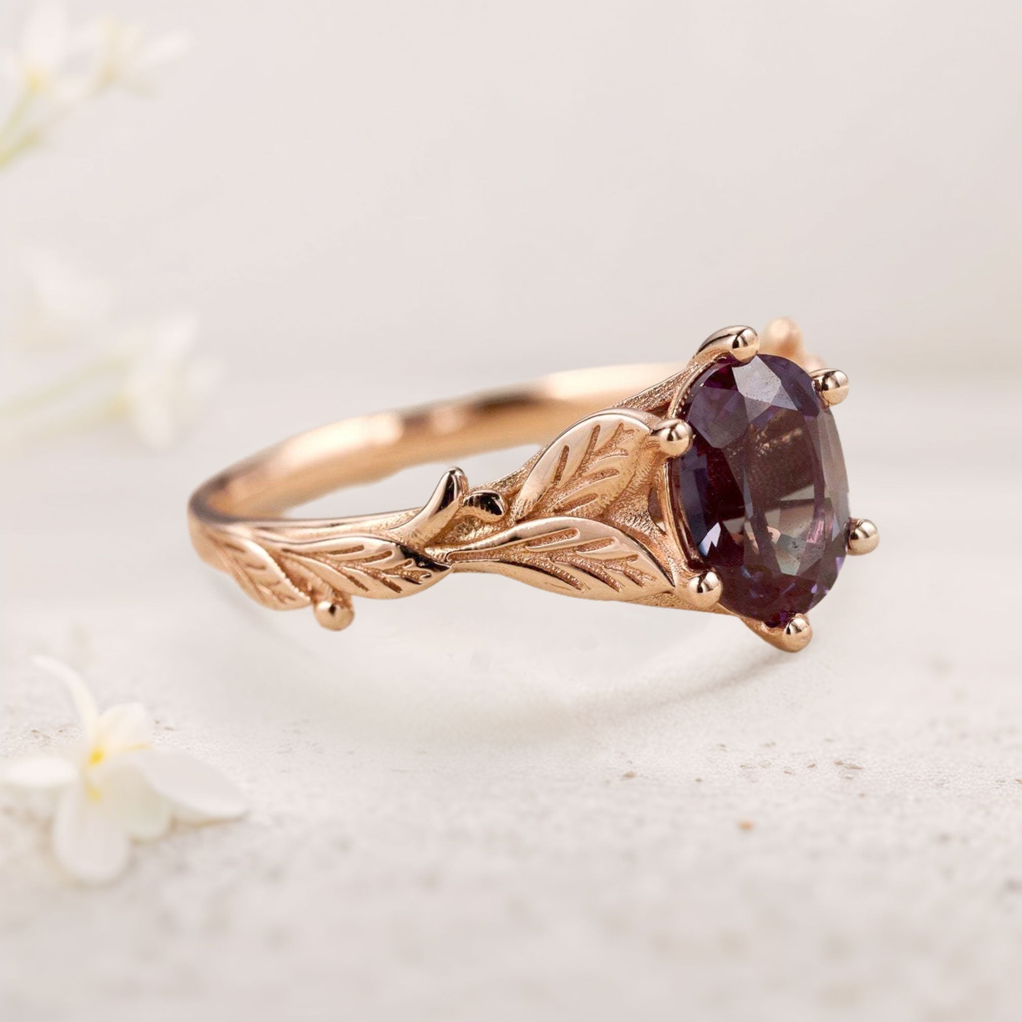 Unique floral engagement rings Oval Lab Alexandrite with Leaves 18K Yellow Gold Engagement Ring