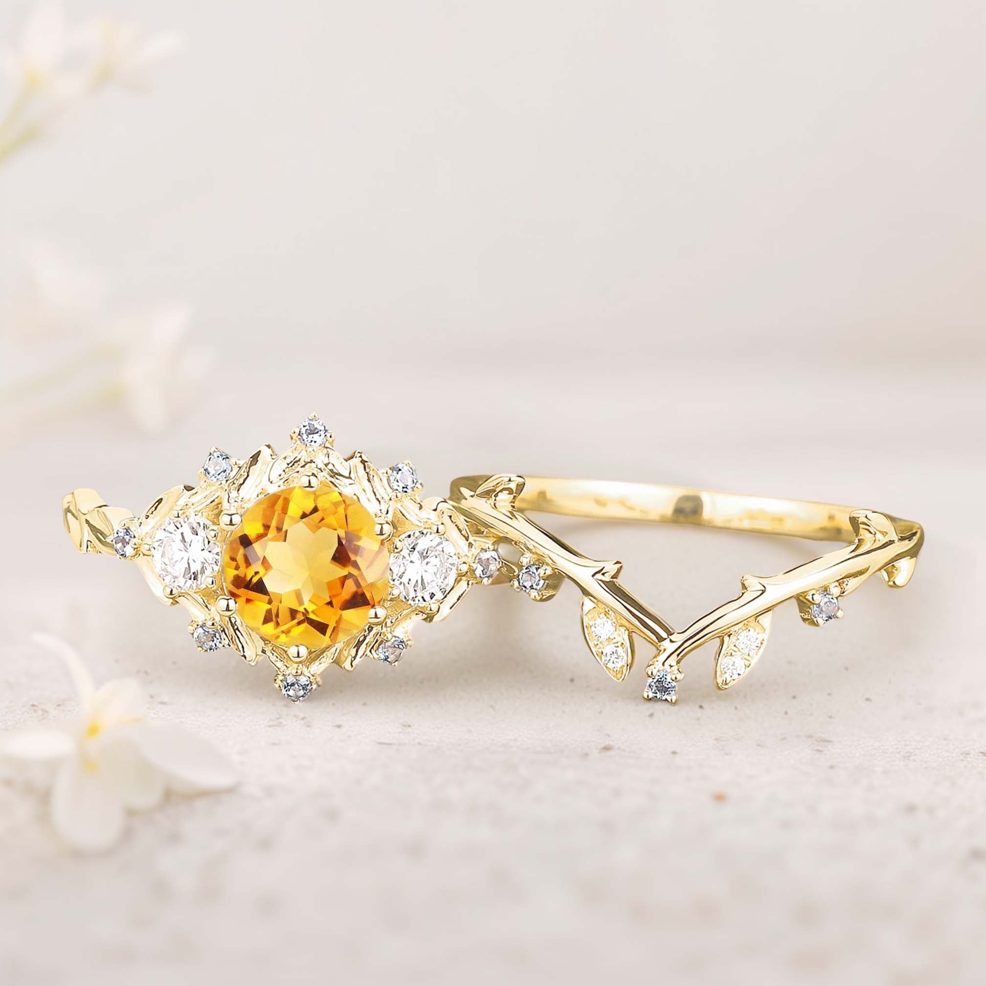 Unique floral engagement rings Round Citrine Leaf 18K Yellow Gold Engagement Ring Set Moissanite Cluster Flower Wedding Band