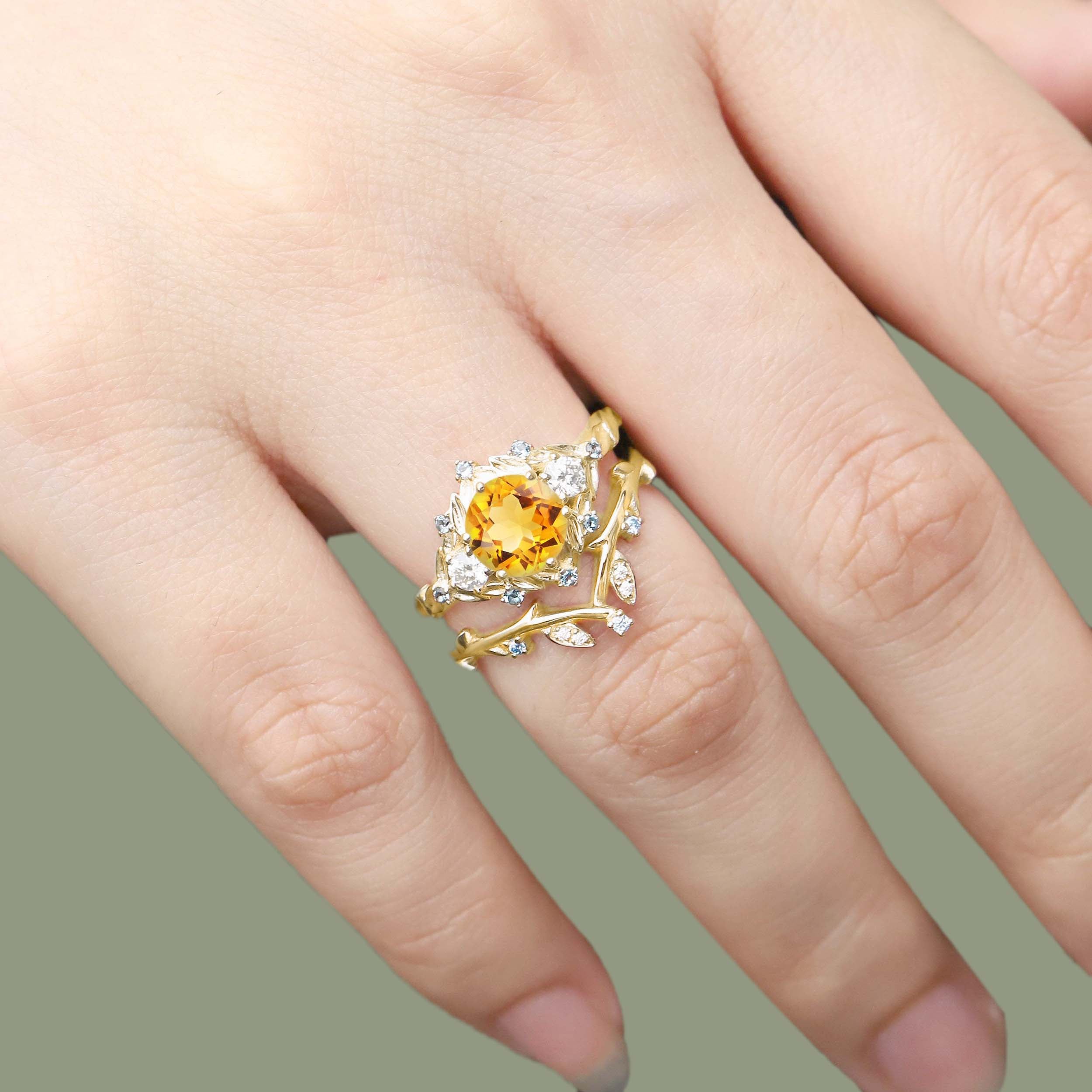 Unique floral engagement rings Round Citrine Leaf 18K Yellow Gold Engagement Ring Set Moissanite Cluster Flower Wedding Band