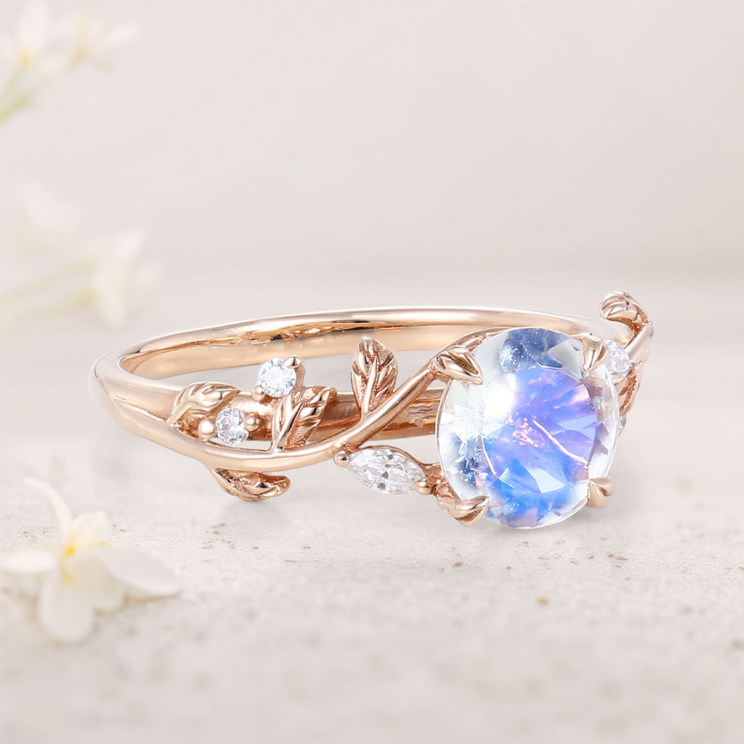 Unique Nature-Inspired Round Lab Moonstone 18K Yellow Gold Engagement Ring Bridal Ring