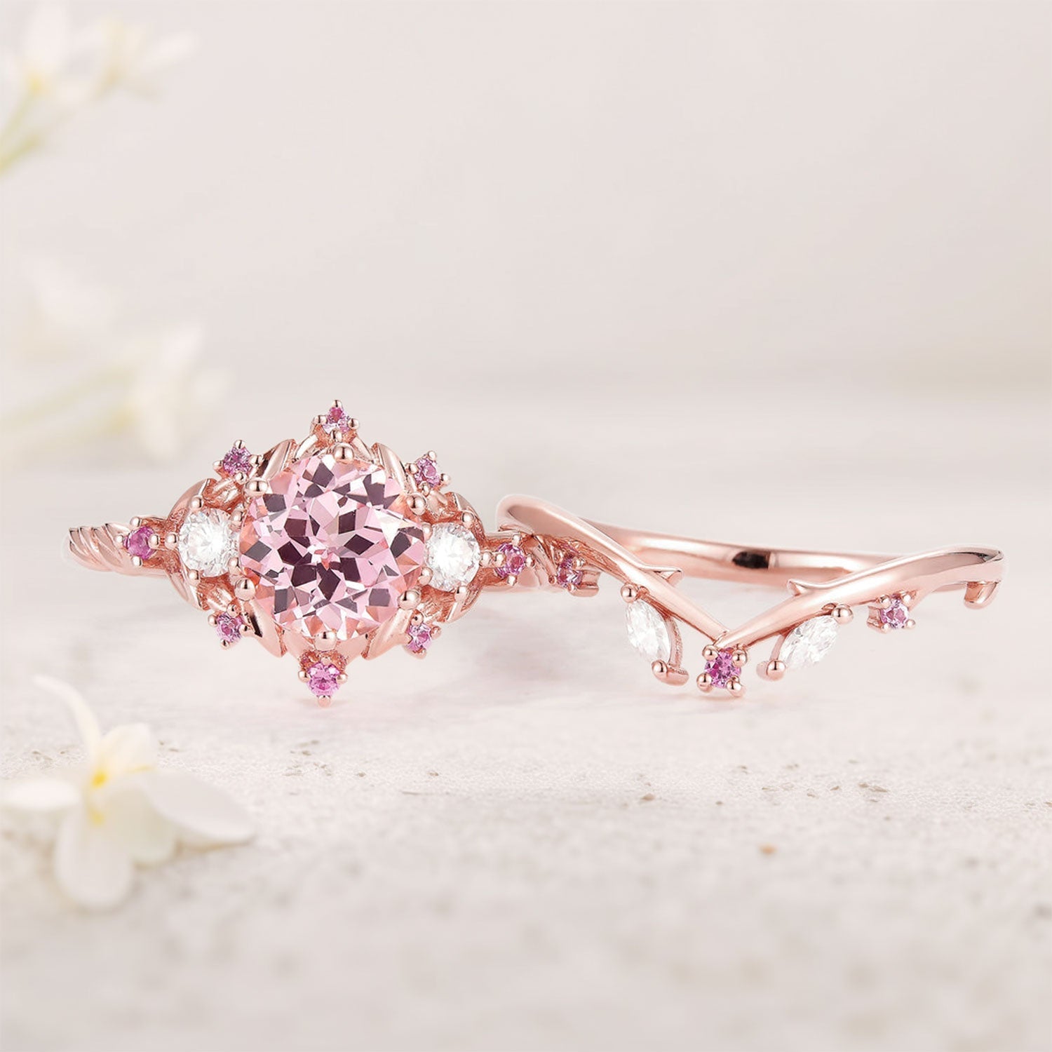 Unique floral engagement rings Round Lab Padparadscha and Moissanite 18K Rose Gold Engagement Ring Set