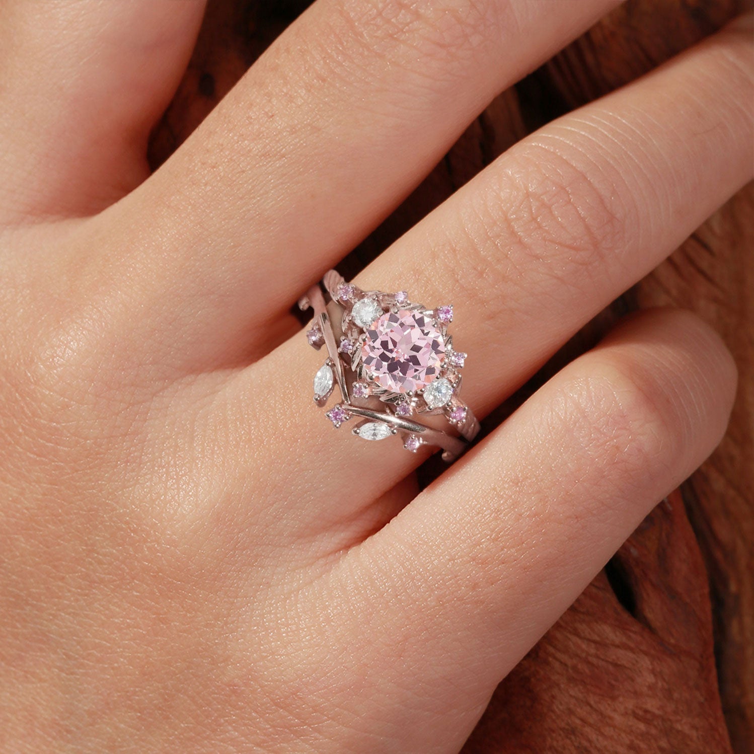 Unique floral engagement rings Round Lab Padparadscha and Moissanite 18K Rose Gold Engagement Ring Set