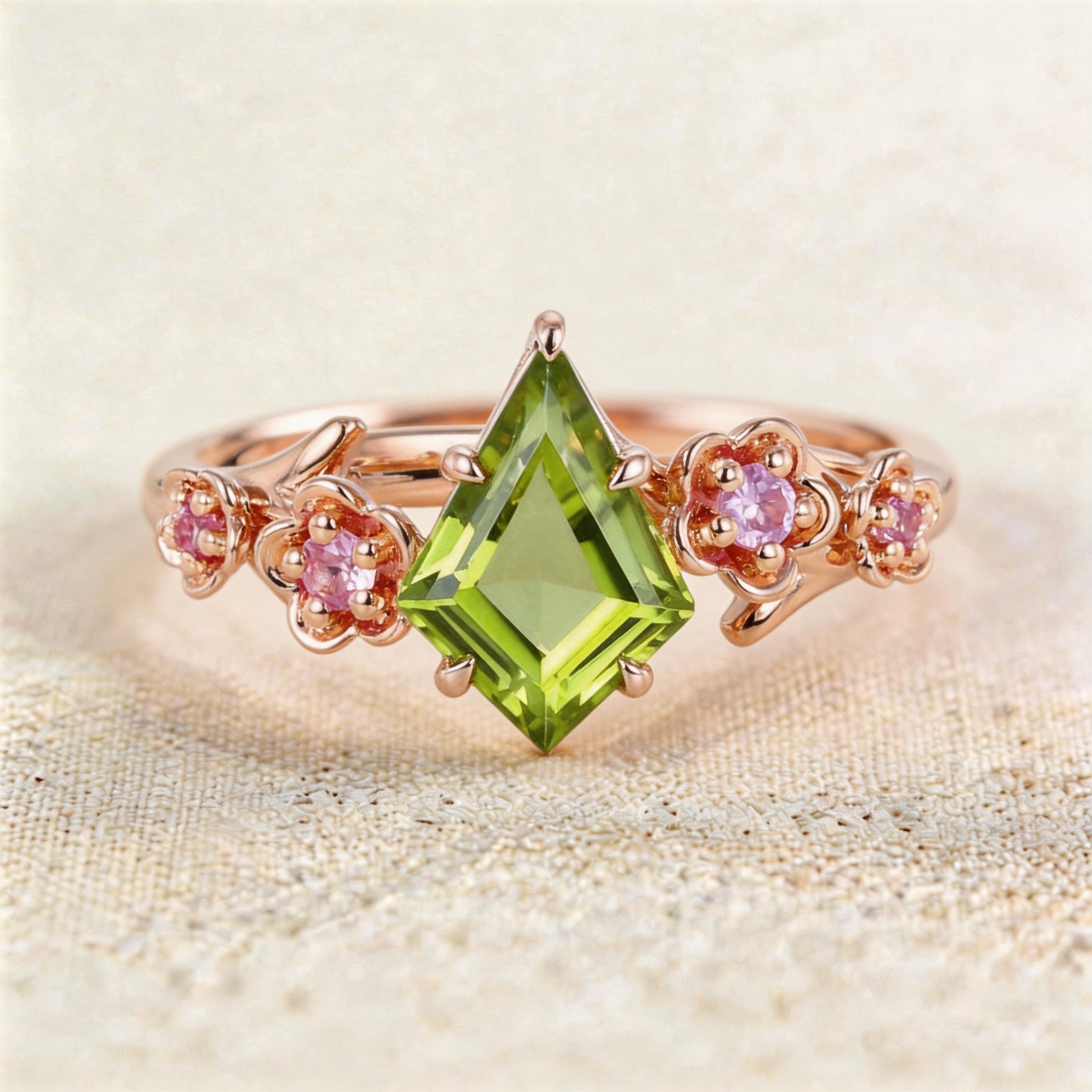 Unique Kite Peridot Blossom Engagement Ring Charming Flora Bridal Ring - Oore Jewelry