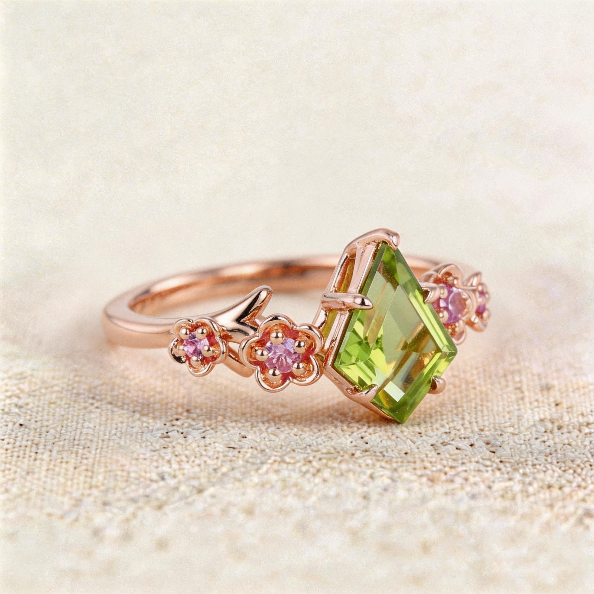 Unique Kite Peridot Blossom Engagement Ring Charming Flora Bridal Ring - Oore Jewelry
