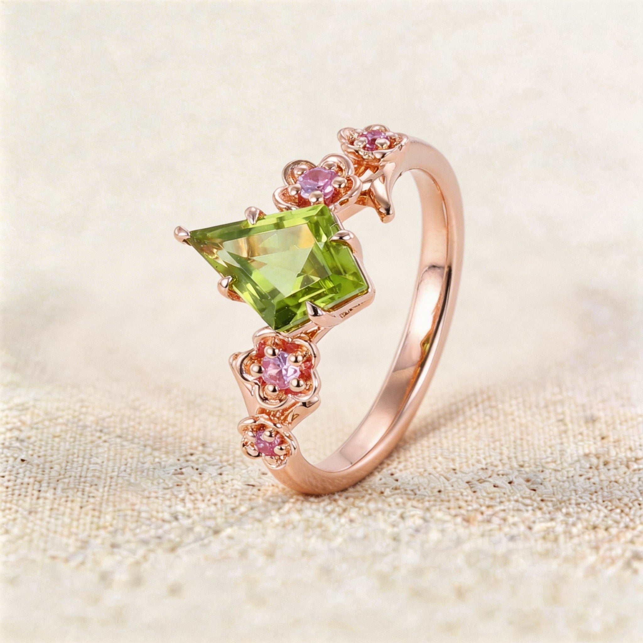 Unique Kite Peridot Blossom Engagement Ring Charming Flora Bridal Ring - Oore Jewelry