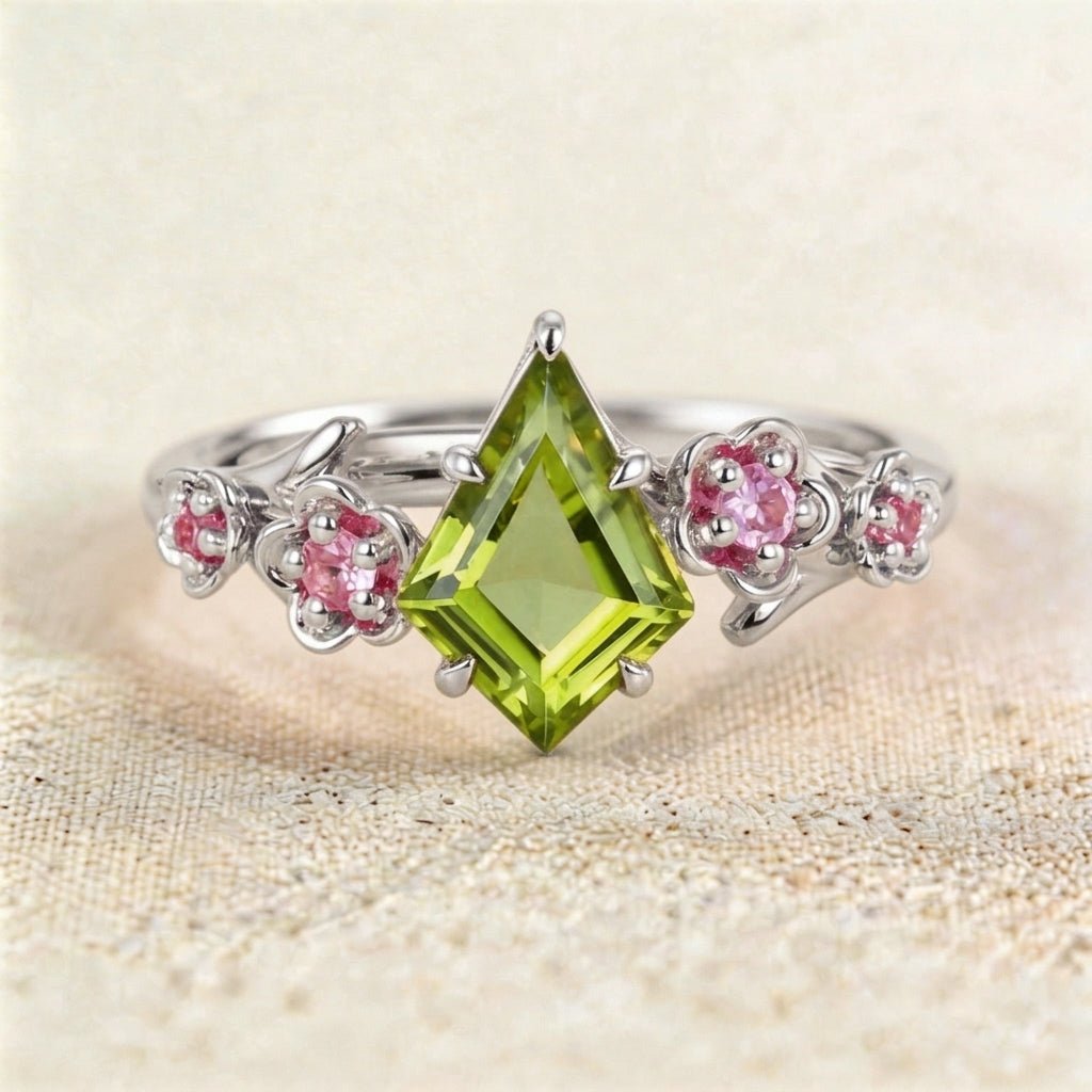 Unique Kite Peridot Blossom Engagement Ring Charming Flora Bridal Ring - Oore Jewelry