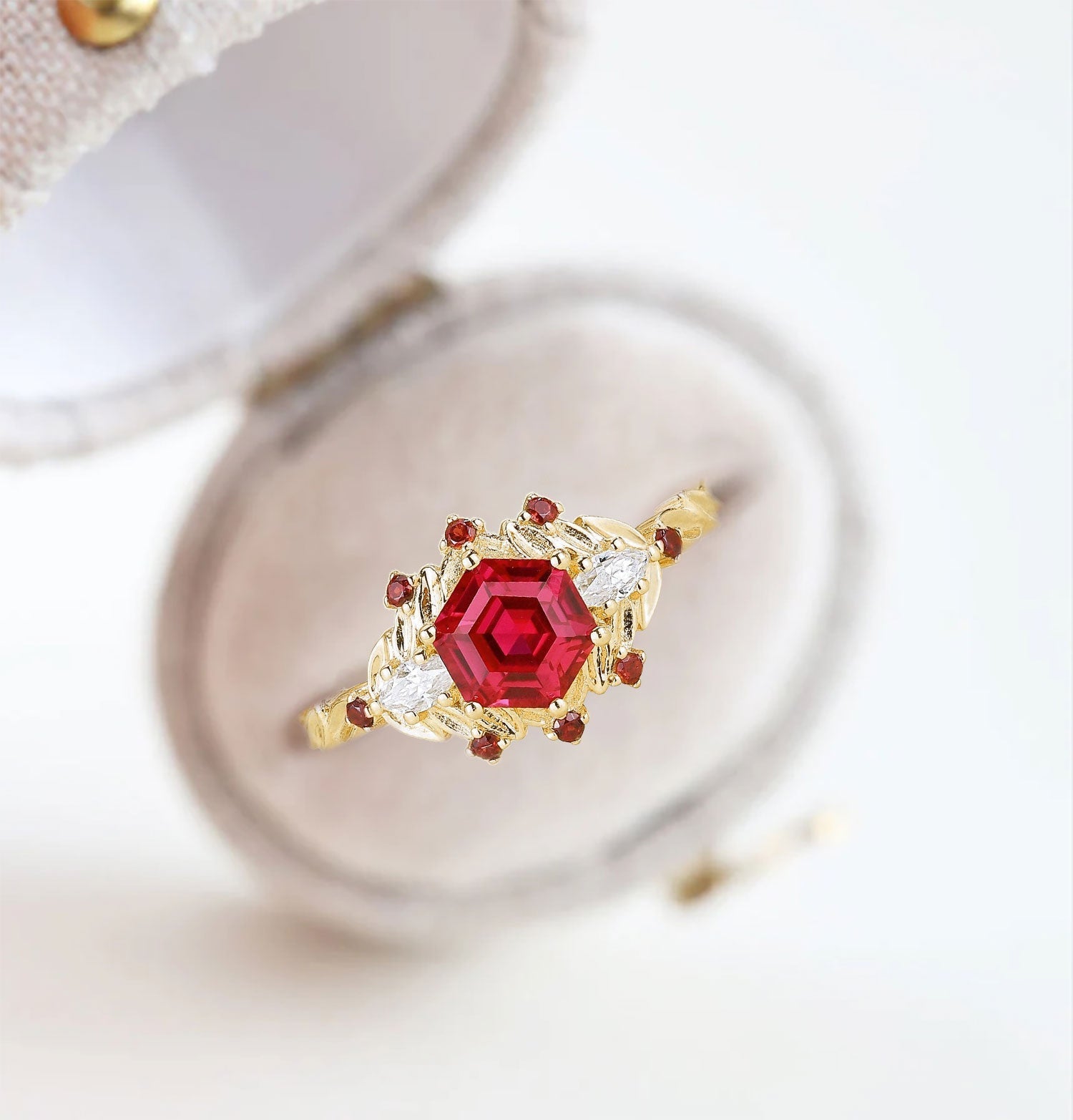 Unique Hexagon Lab Ruby Flower Engagement Ring Halo Leaf 18K Yellow Gold Wedding Ring For Women
