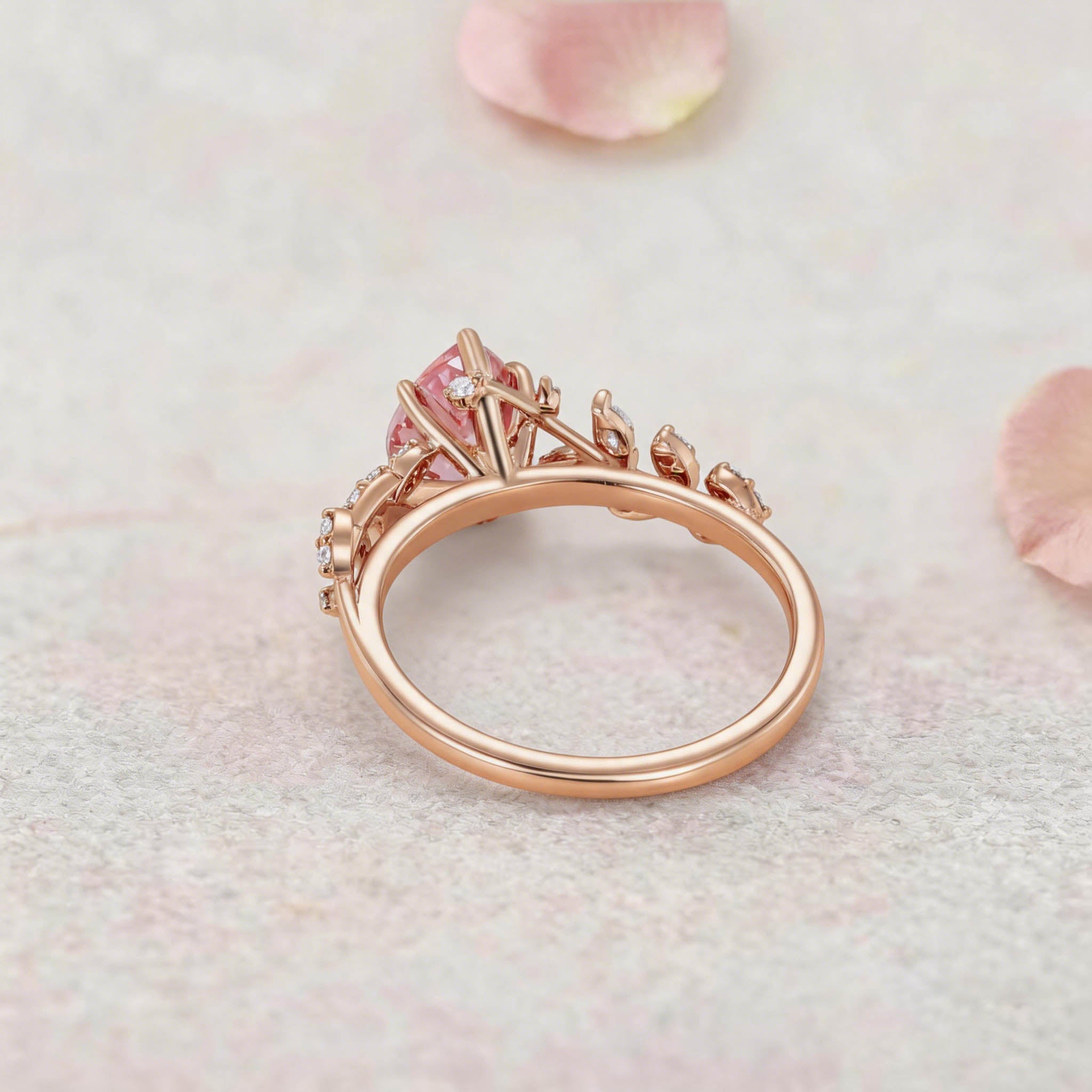 Vintage Botanical Pear Cut Pink Sapphire and Diamond 14K Rose Gold Engagement Ring