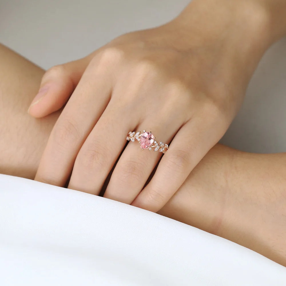 Vintage Botanical Pear Cut Pink Sapphire and Diamond 14K Rose Gold Engagement Ring