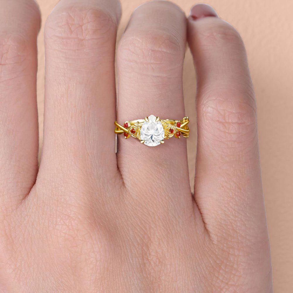 Unique floral engagement rings Pear Moissanite Rose Flower Inspired 18K Yellow Gold Engagement Ring