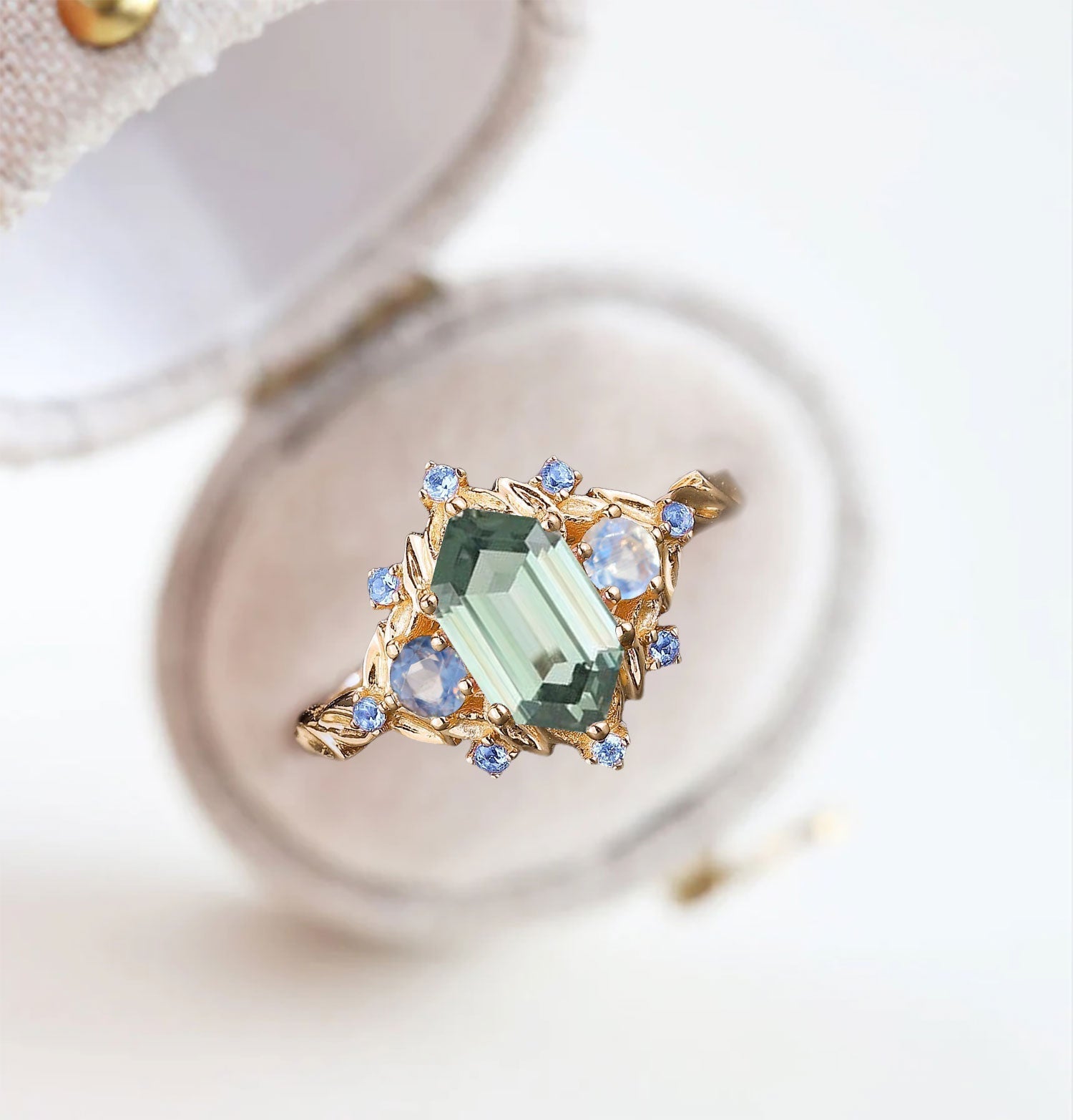 Unique floral engagement rings Three Stone Hexagon Green Lab Sapphire 18K Yellow Gold Engagement Ring