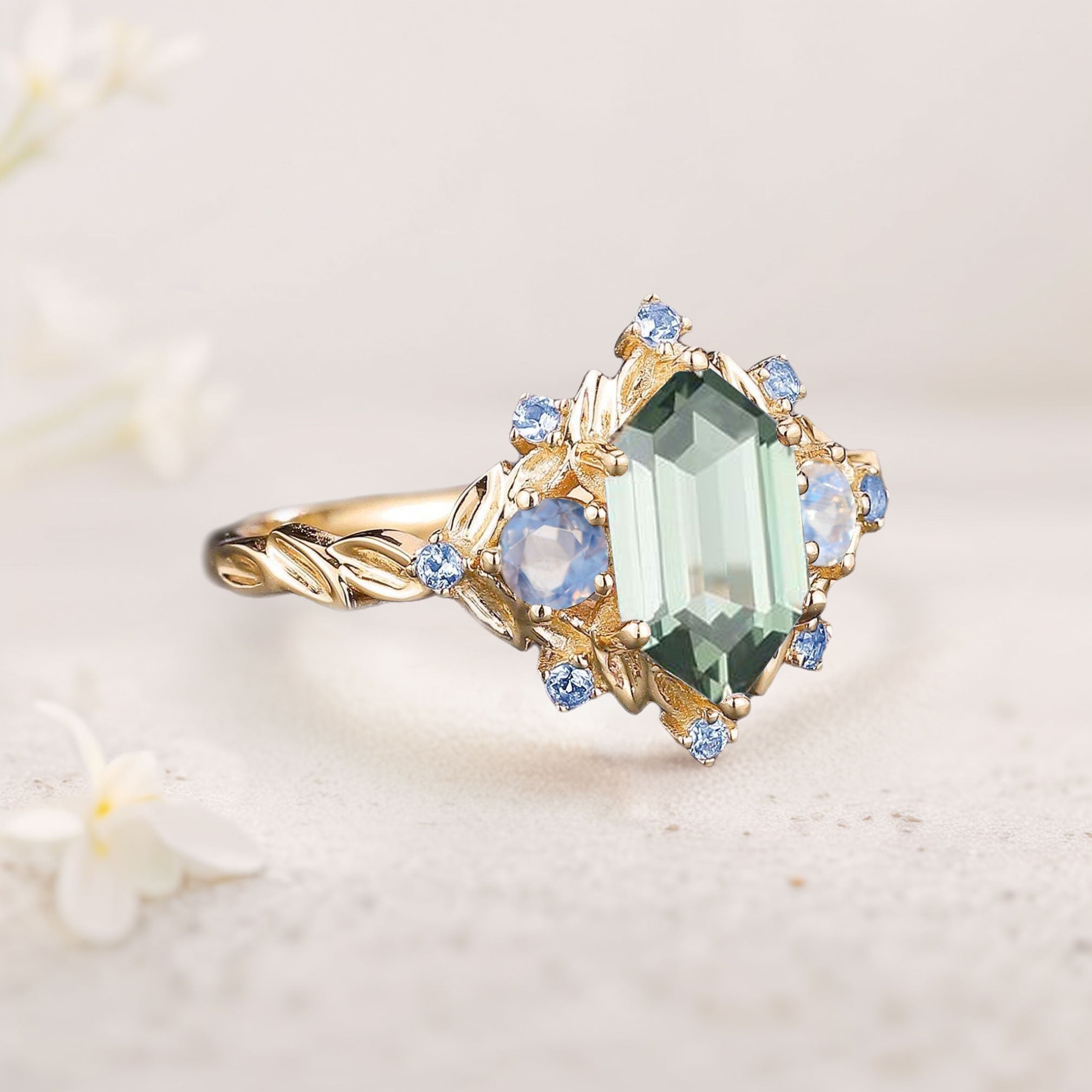 Unique floral engagement rings Three Stone Hexagon Green Lab Sapphire 18K Yellow Gold Engagement Ring