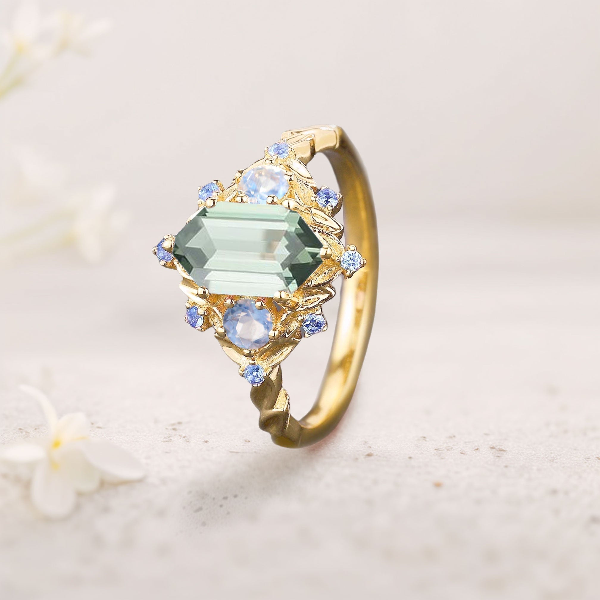 Unique floral engagement rings Three Stone Hexagon Green Lab Sapphire 18K Yellow Gold Engagement Ring