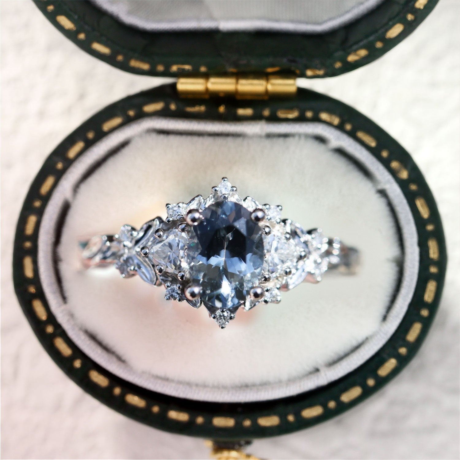 Unique Briar Rose Three Stone Oval grey spinel and Moissanite Ring - Oore Jewelry