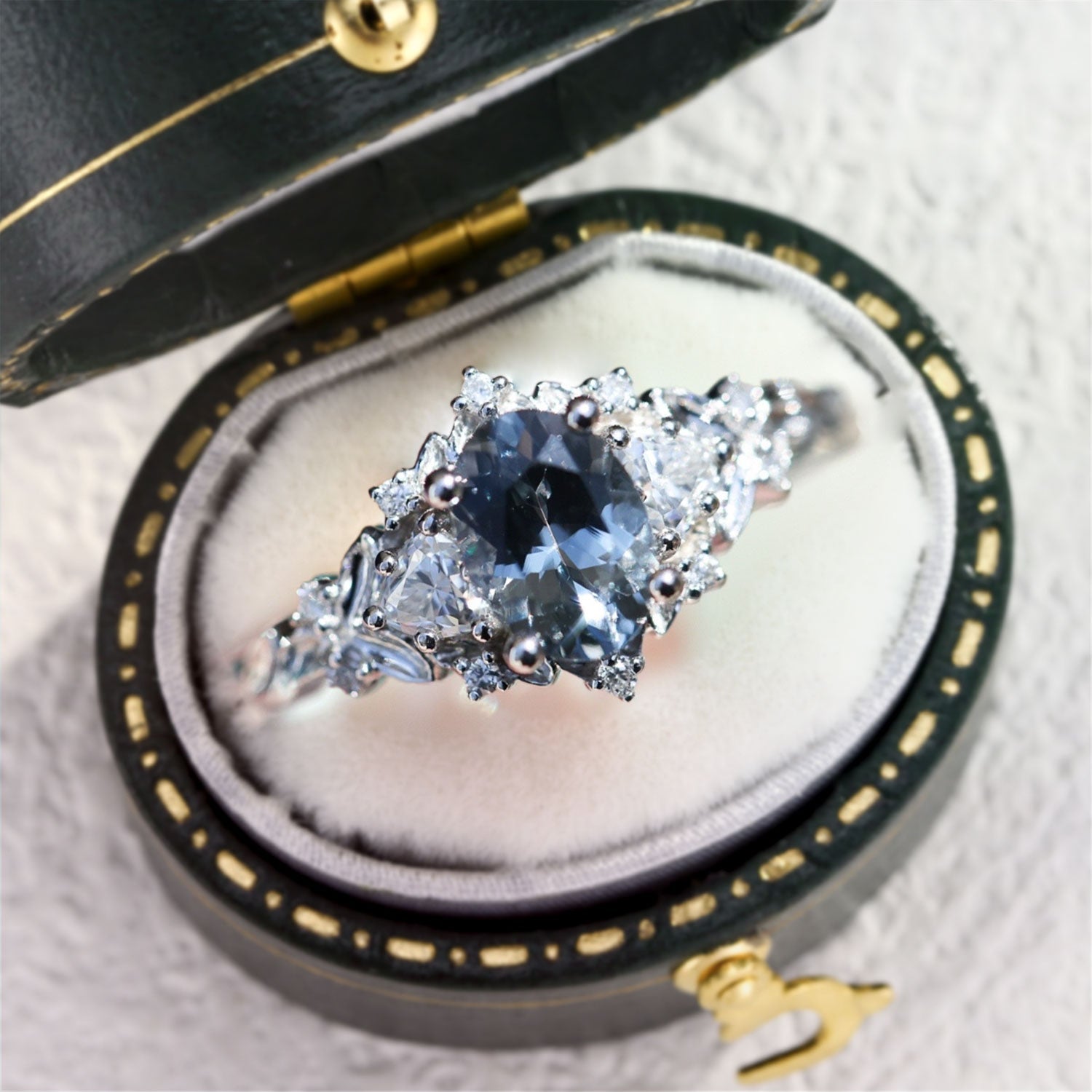 Unique Briar Rose Three Stone Oval grey spinel and Moissanite Ring - Oore Jewelry