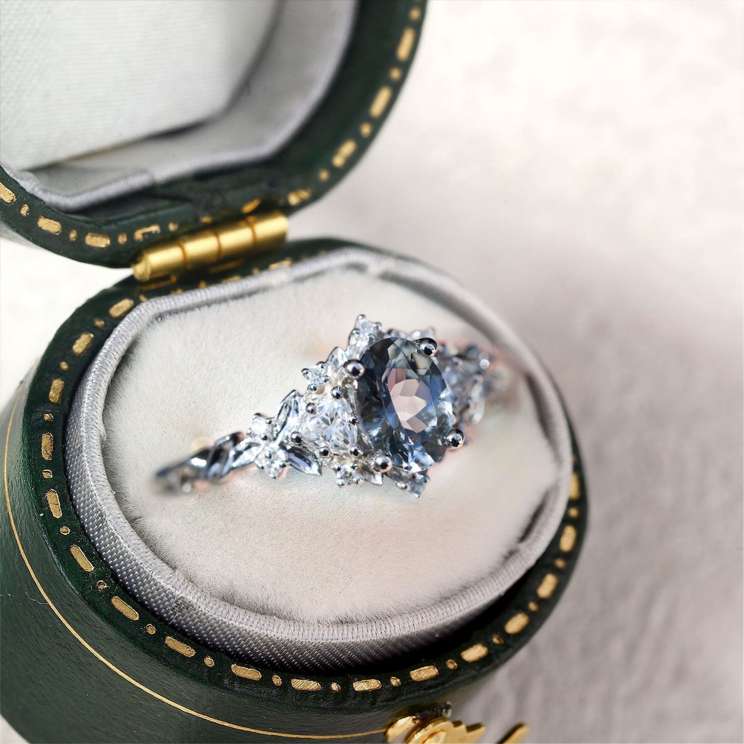Unique Briar Rose Three Stone Oval grey spinel and Moissanite Ring - Oore Jewelry