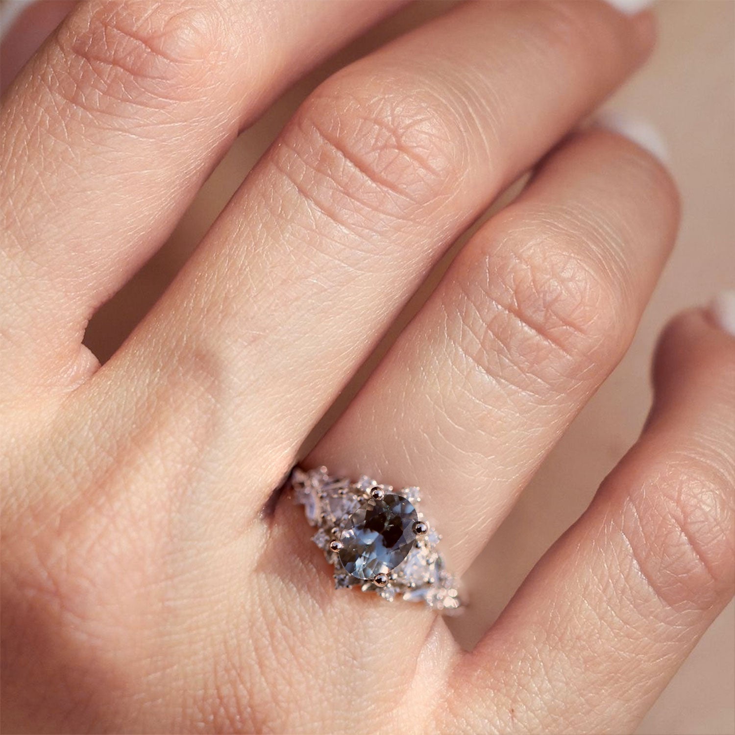 Unique Briar Rose Three Stone Oval grey spinel and Moissanite Ring - Oore Jewelry