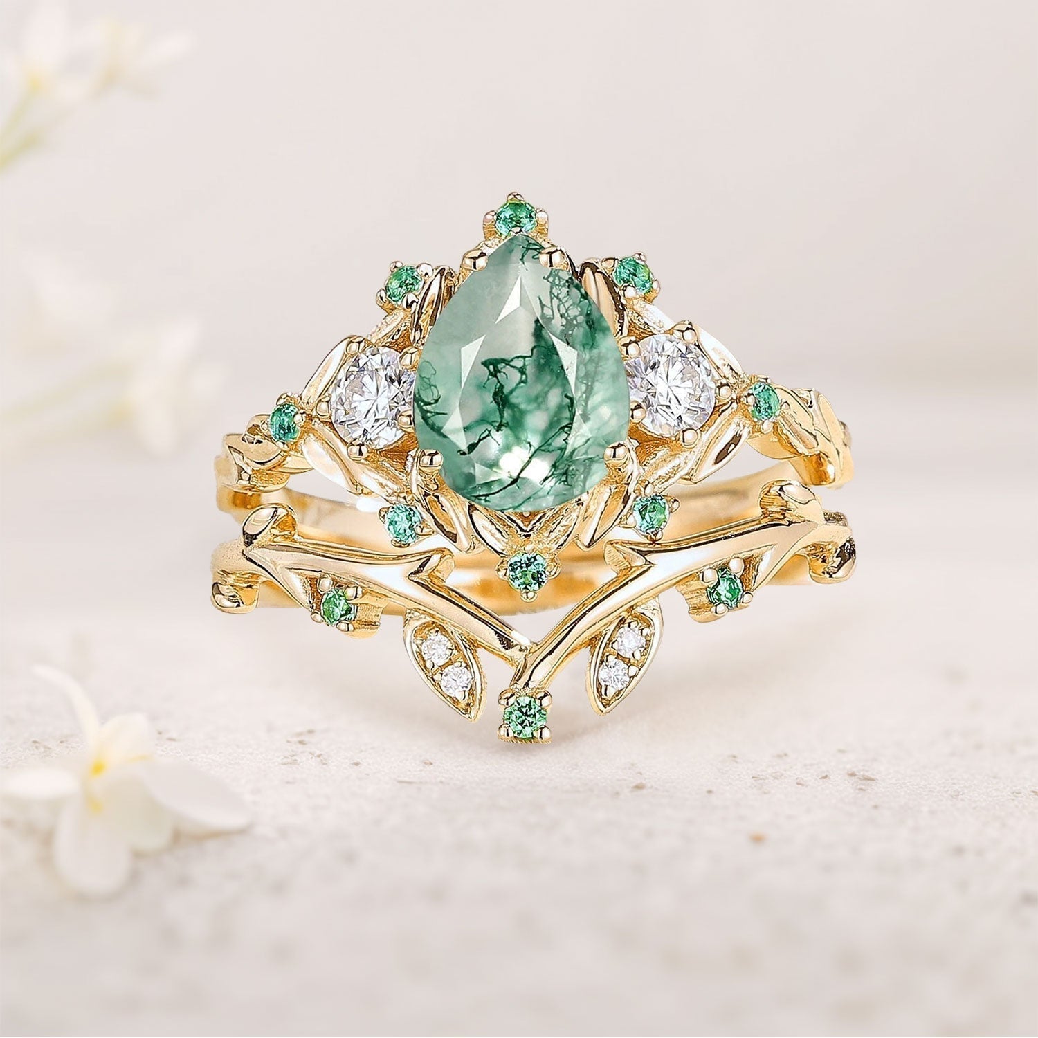 Unique Pear Moss Agate Wedding Ring Set Twig Engagement Ring Leaf 18K Yellow Gold Promise ring Set