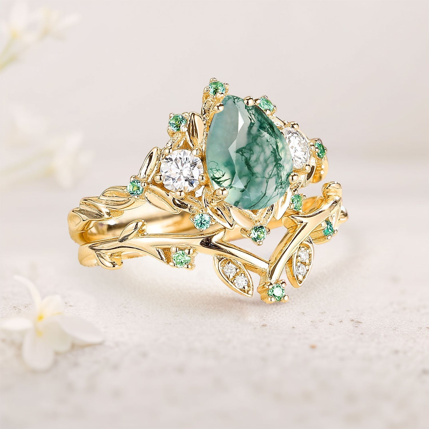 Unique Pear Moss Agate Wedding Ring Set Twig Engagement Ring Leaf 18K Yellow Gold Promise ring Set