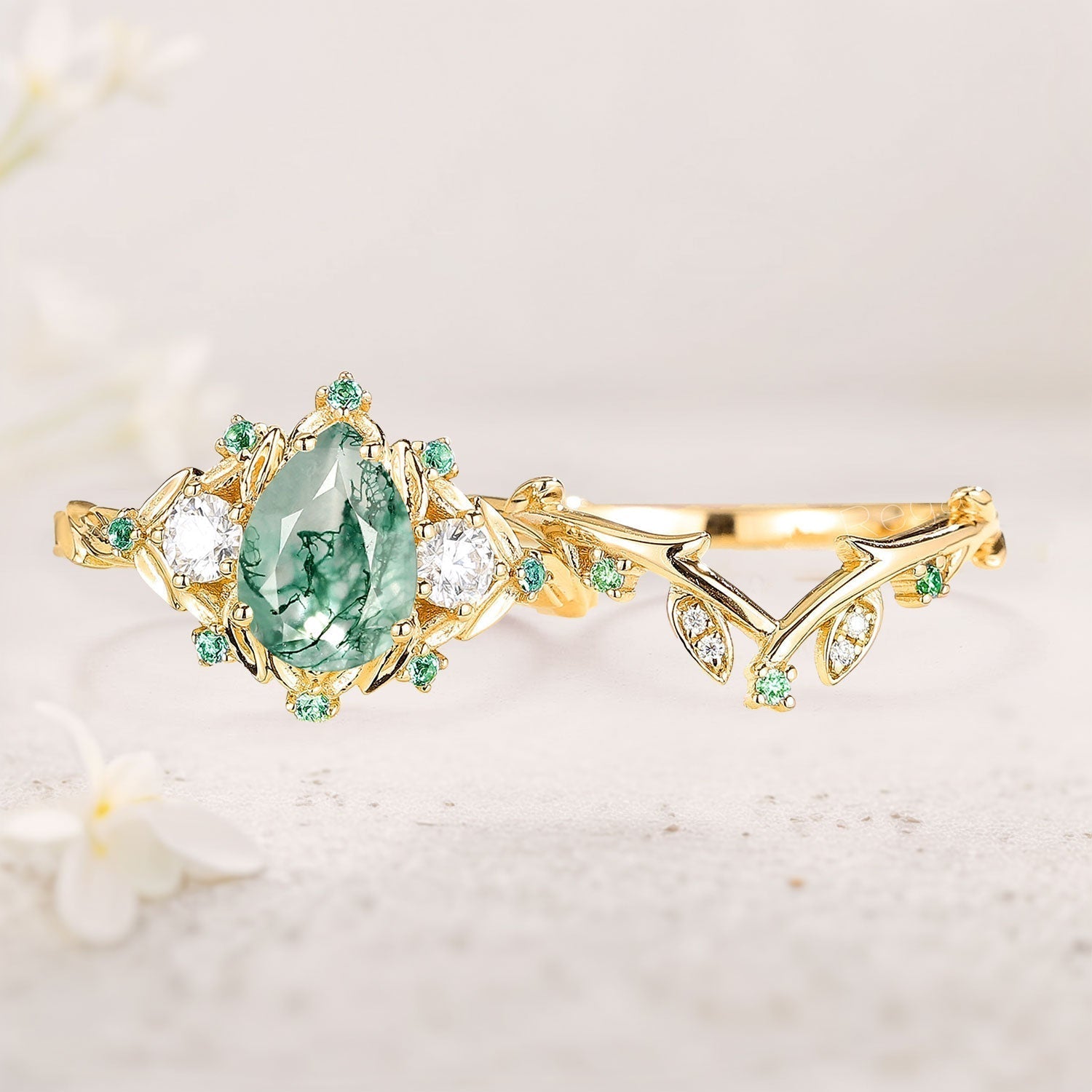 Unique Pear Moss Agate Wedding Ring Set Twig Engagement Ring Leaf 18K Yellow Gold Promise ring Set