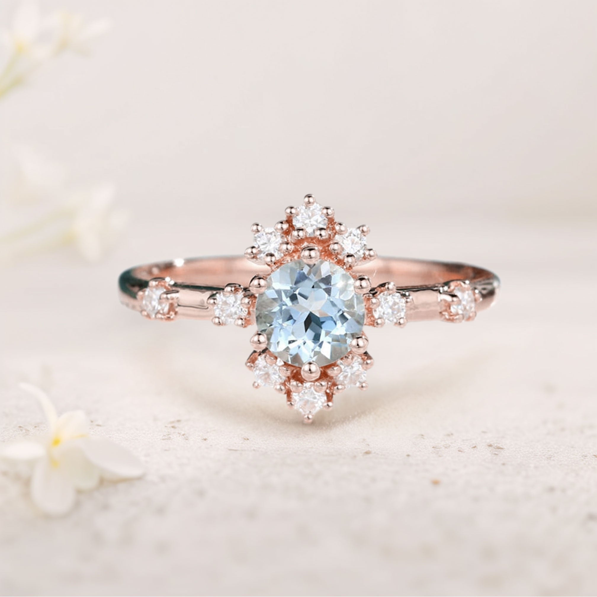 Unique Round Lab Aquamarine 18K Rose Gold Promise Ring For Women