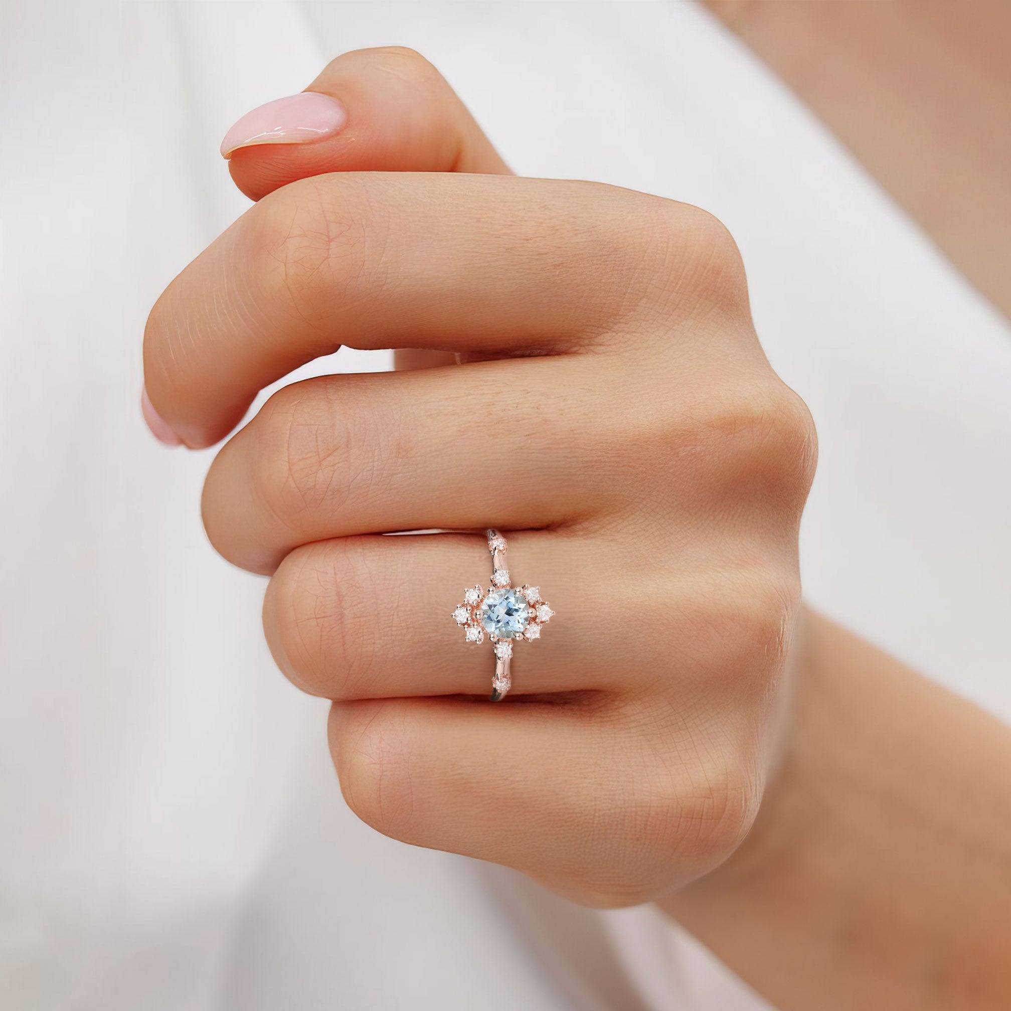 Unique Round Lab Aquamarine 18K Rose Gold Promise Ring For Women