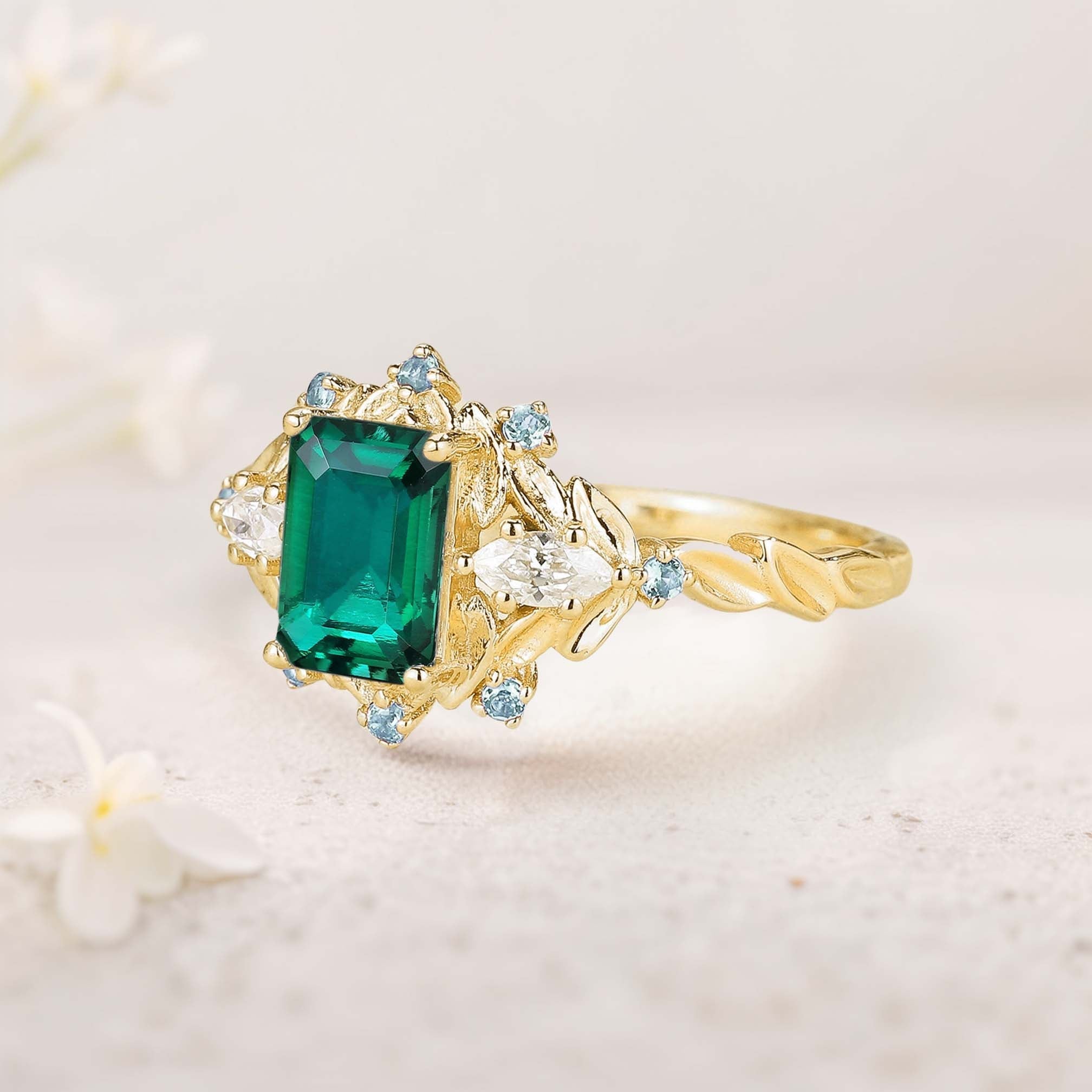Unique Lab Emerald Flower Engagement Ring Halo Leaf 18K Yellow Gold Wedding Ring