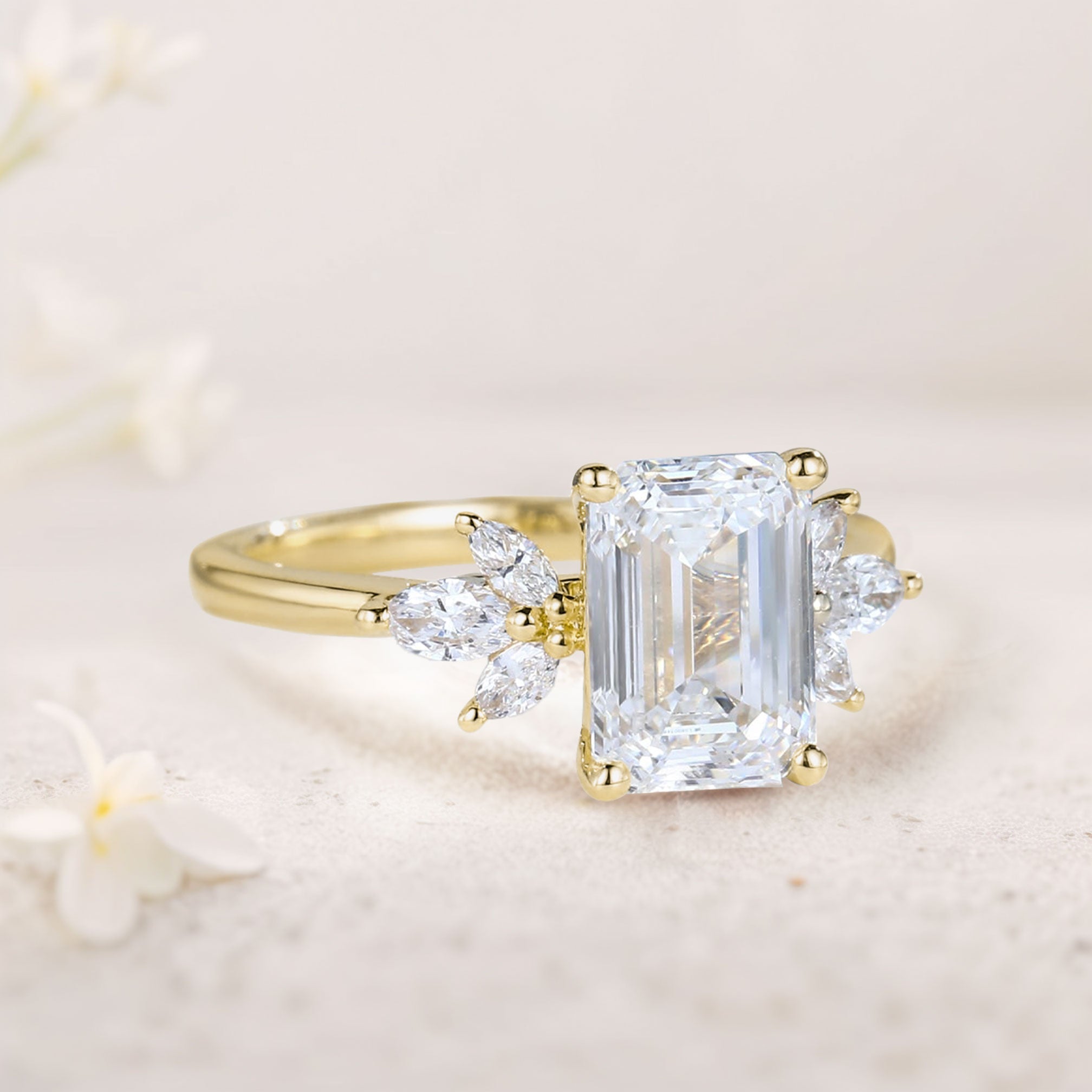 Vintage Emerald Cut Moissanite 18K Yellow Gold Engagement Ring Bridal Ring