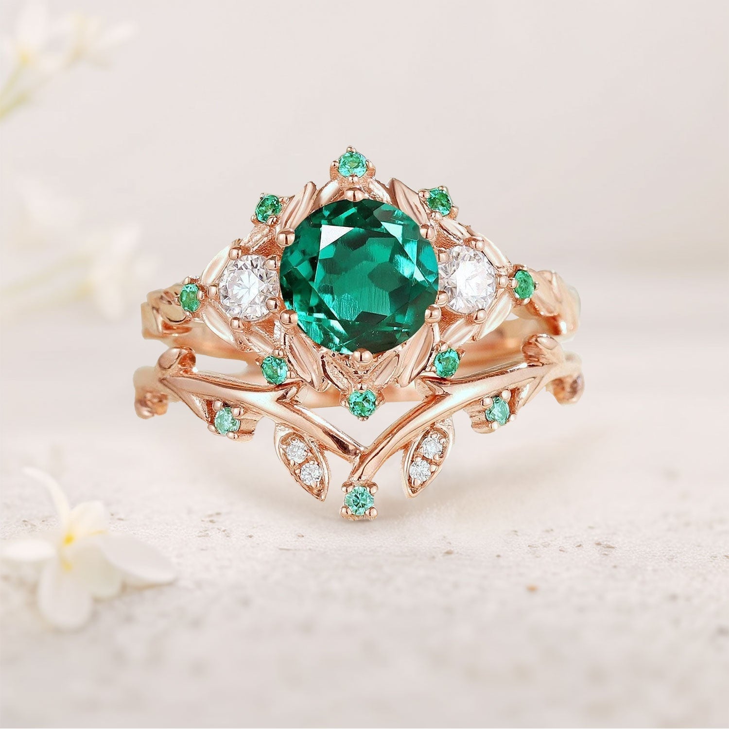 Vintage Round Lab Emerald Engagement Ring Set for women Leaf 18K Yellow Gold Wedding Ring Set