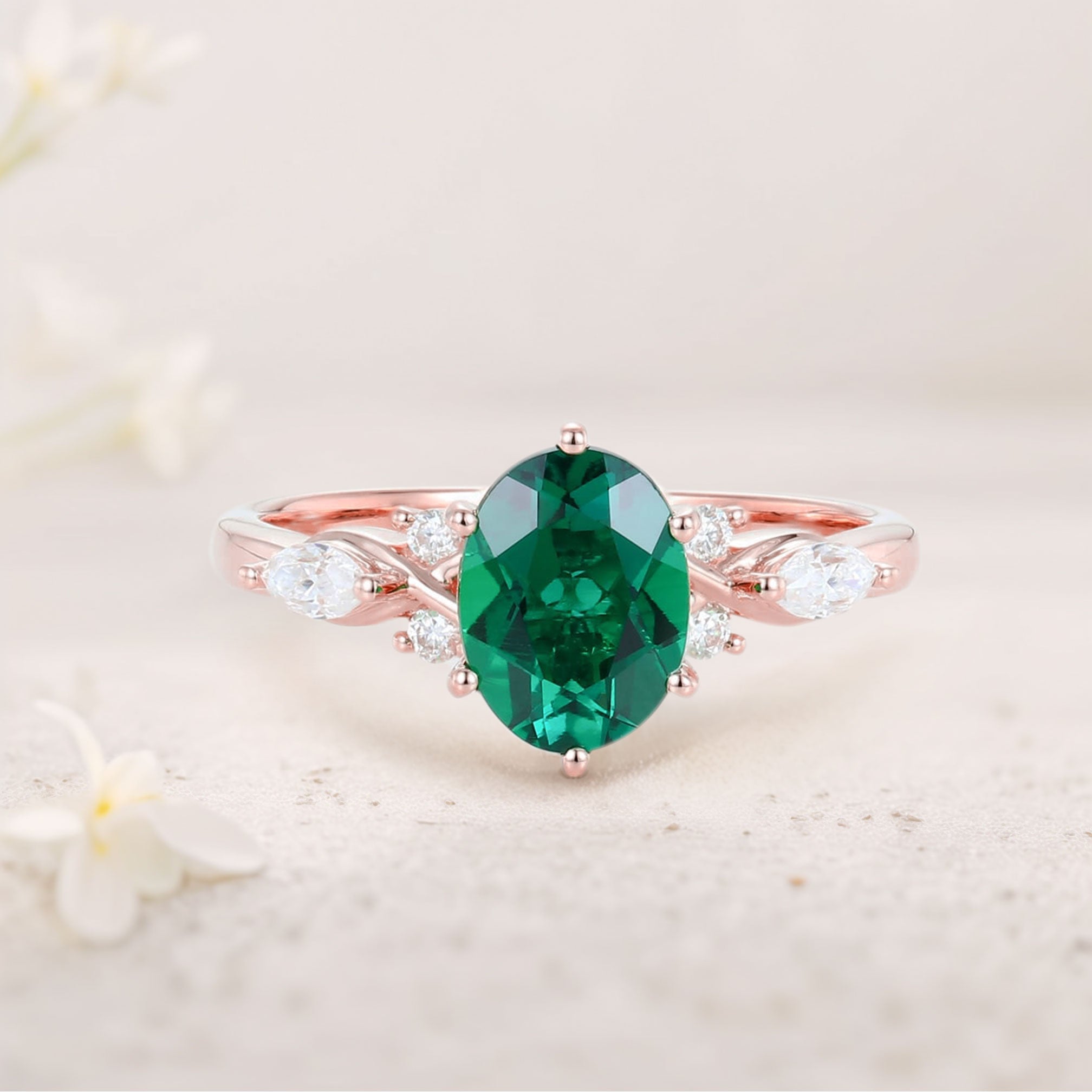 Unique Oval Lab Emerald Split Shank 18K Rose Gold Engagement Ring