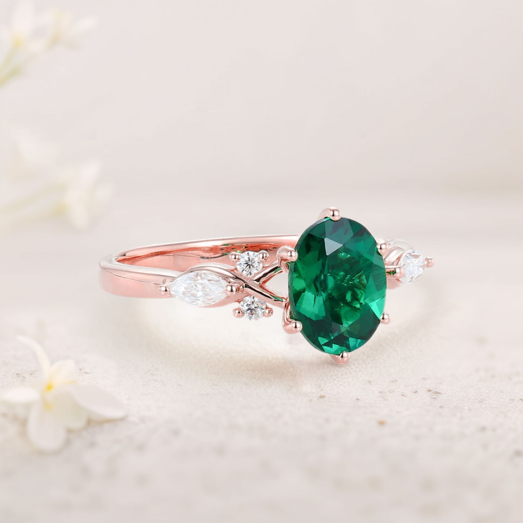 Unique Oval Lab Emerald Split Shank 18K Rose Gold Engagement Ring