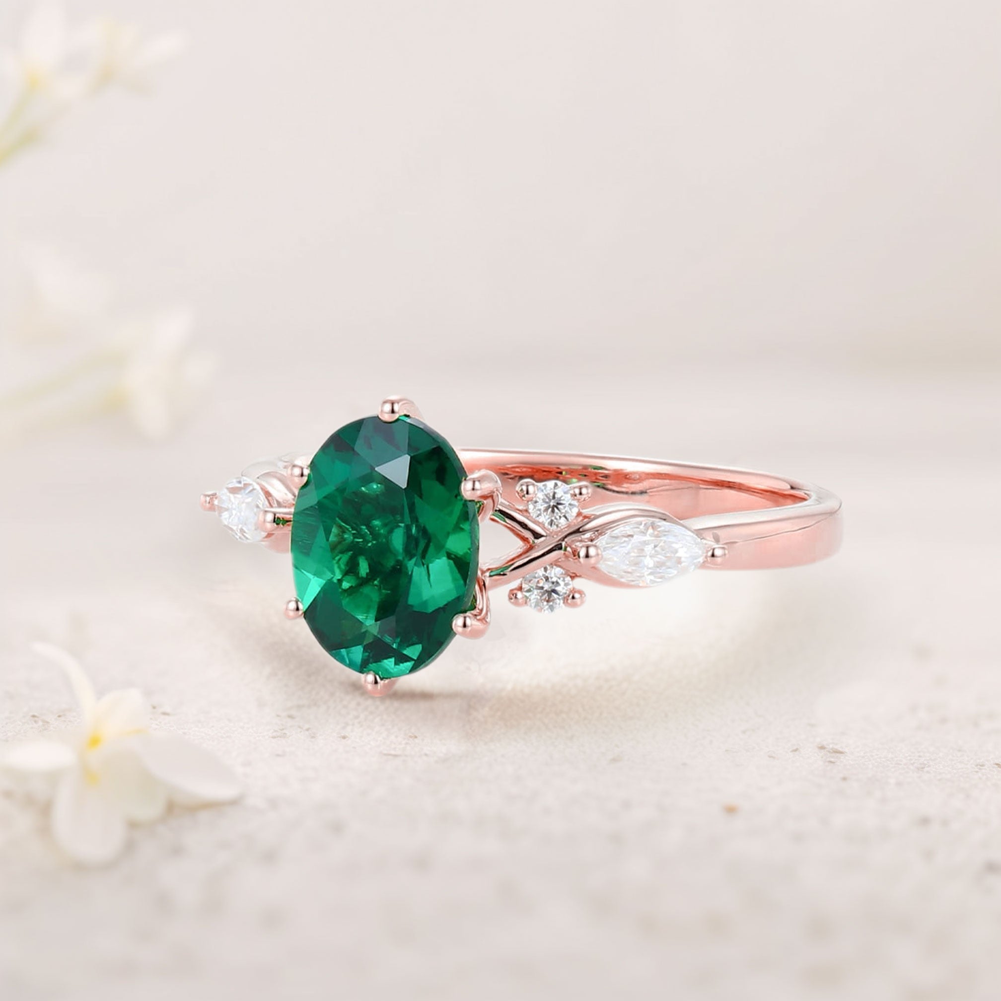 Unique Oval Lab Emerald Split Shank 18K Rose Gold Engagement Ring