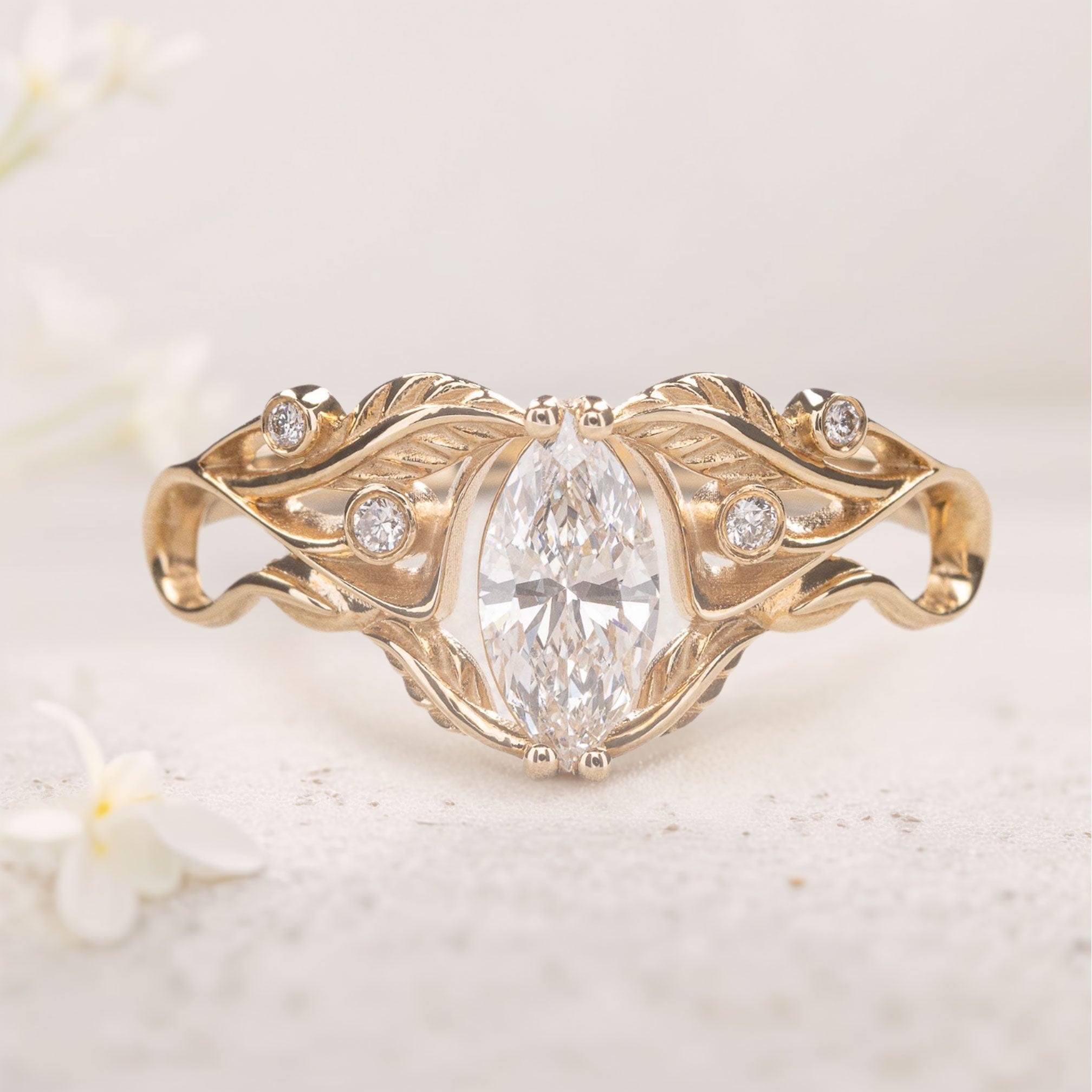 Unique Marquise Moissanite 18K Yellow Gold Engagement Ring
