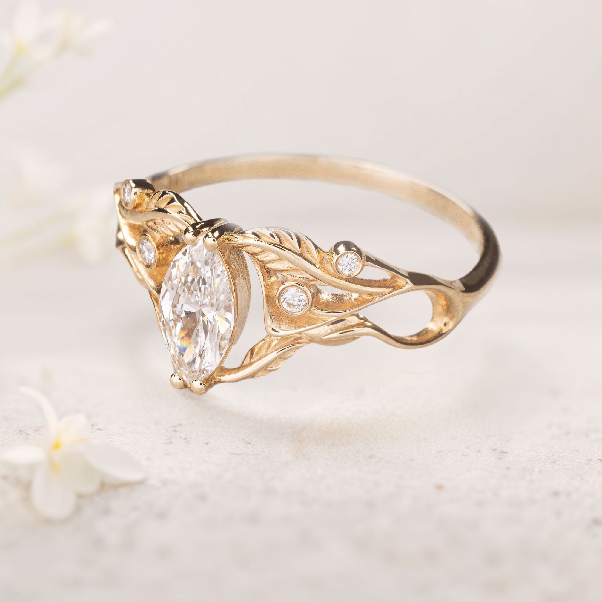 Unique Marquise Moissanite 18K Yellow Gold Engagement Ring